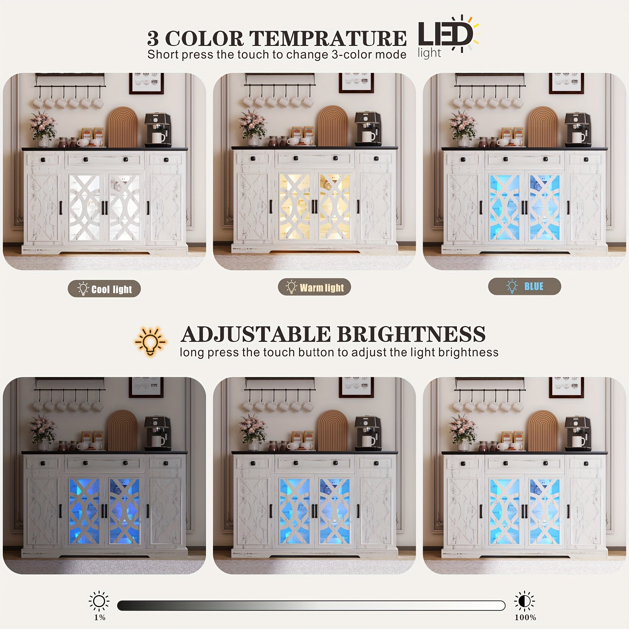 White cabinet with LED lighting options displaying cool, warm, and blue lights.