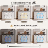 White cabinet with LED lighting options displaying cool, warm, and blue lights.
