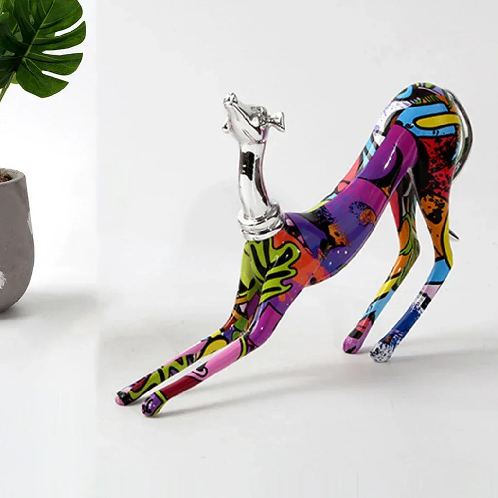 Doberman statue decorative metal small dog figurine with vibrant graffiti paint and shiny silver neck and head for living room