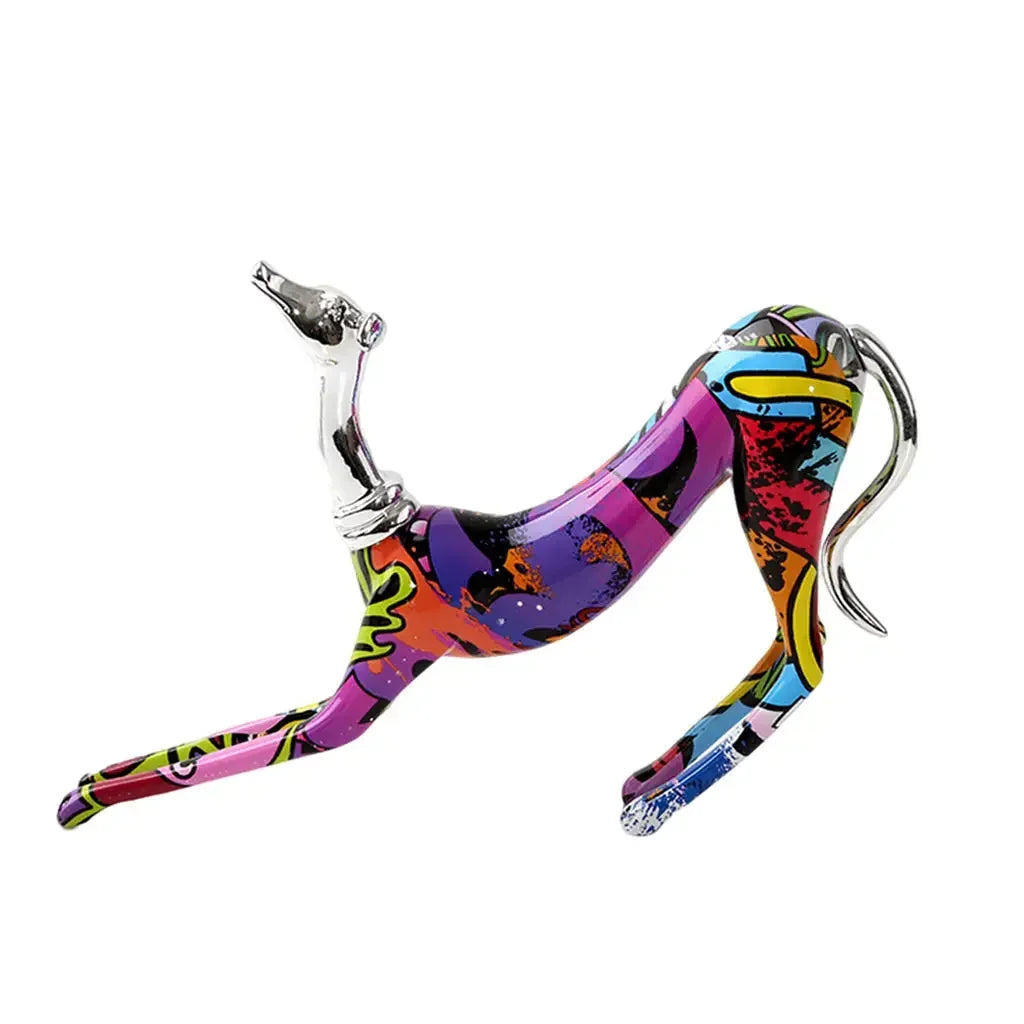 Vibrant graffiti-style doberman statue decorative piece with chrome accents ideal for living room display