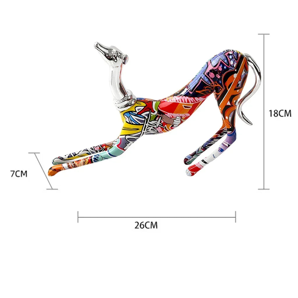 Vibrant graffiti-style decorative metal doberman statue with chrome accents, perfect as a living room decorative piece