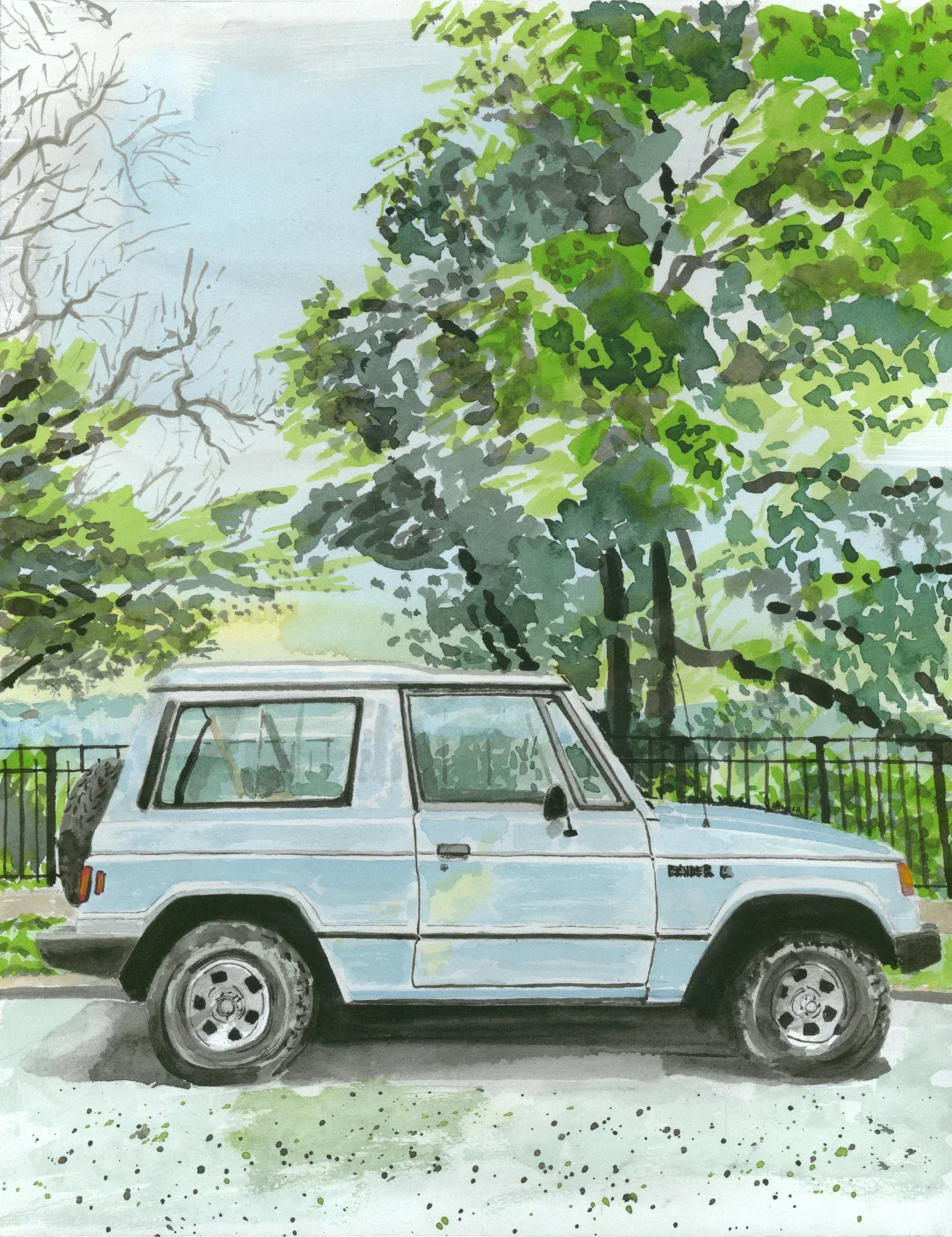 Dodge Raider Painting, Classic Car, Street Scene, front view - House Of Avana