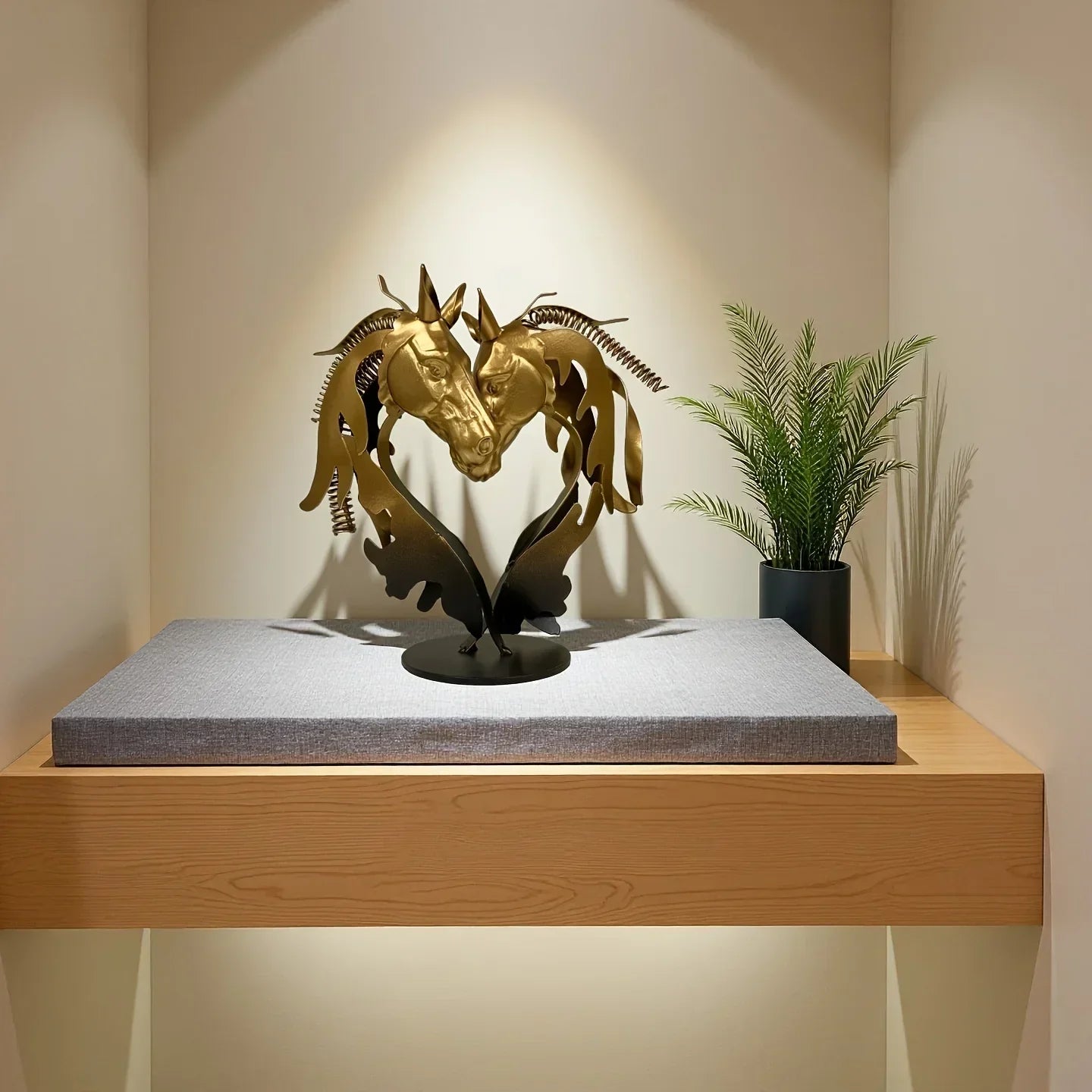 Metal Statue - Double Horse Head Romantic Sculpture | Metal Horse Sculpture | angle view | Abstract home decor | House of Avana