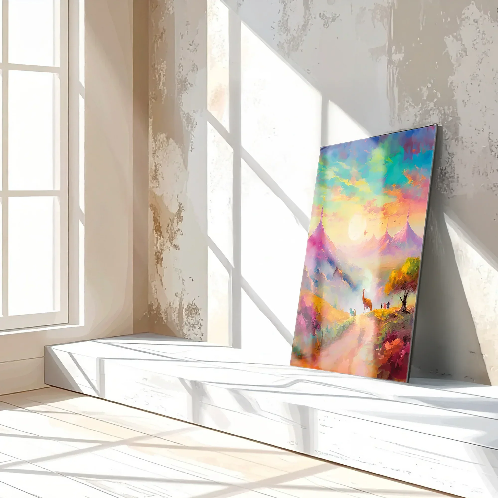 Dreamscape Sunset Valley – Llama & Mountain Fantasy UV Glass Wall Art-KAFCD082 Peony Atelier