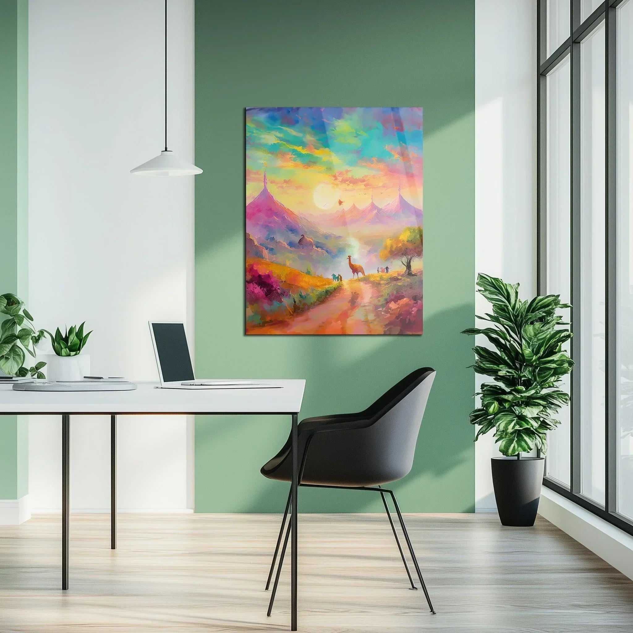 Dreamscape Sunset Valley – Llama & Mountain Fantasy UV Glass Wall Art-KAFCD082 Peony Atelier
