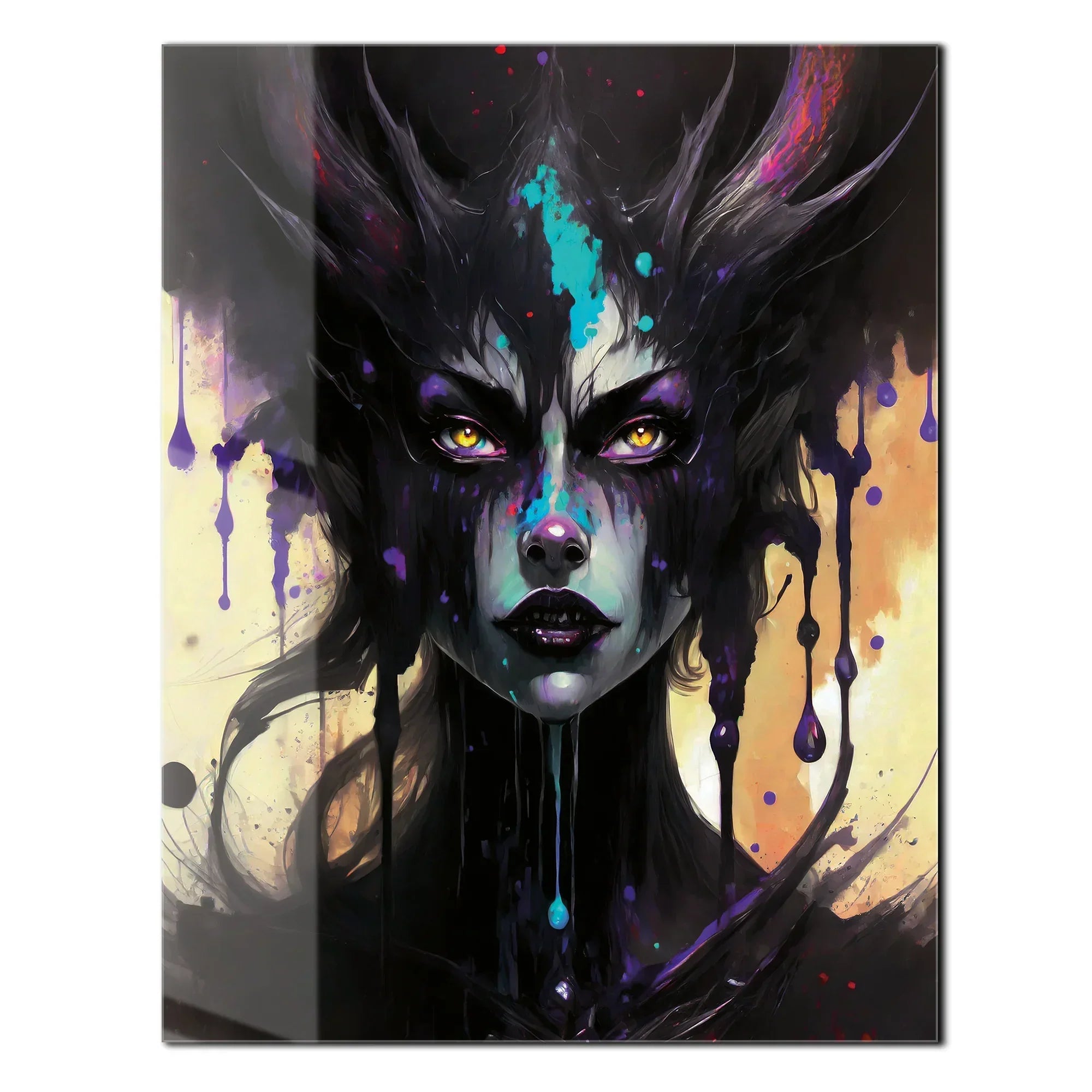 Dripping Shadow Queen Glass Wall Art – Gothic Fantasy Portrait with Abstract Paint-KAFCD013 Peony Atelier