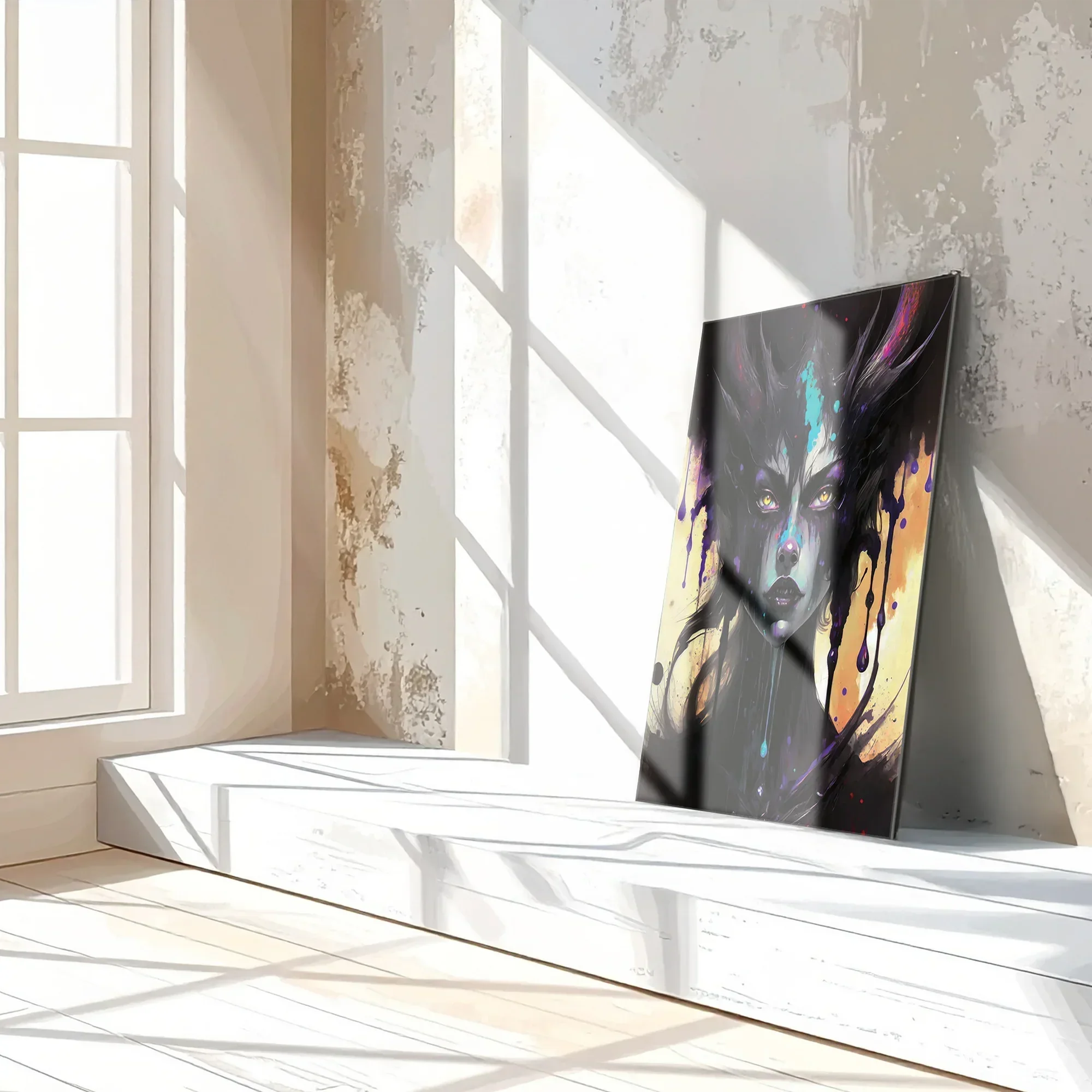 Dripping Shadow Queen Glass Wall Art – Gothic Fantasy Portrait with Abstract Paint-KAFCD013 Peony Atelier