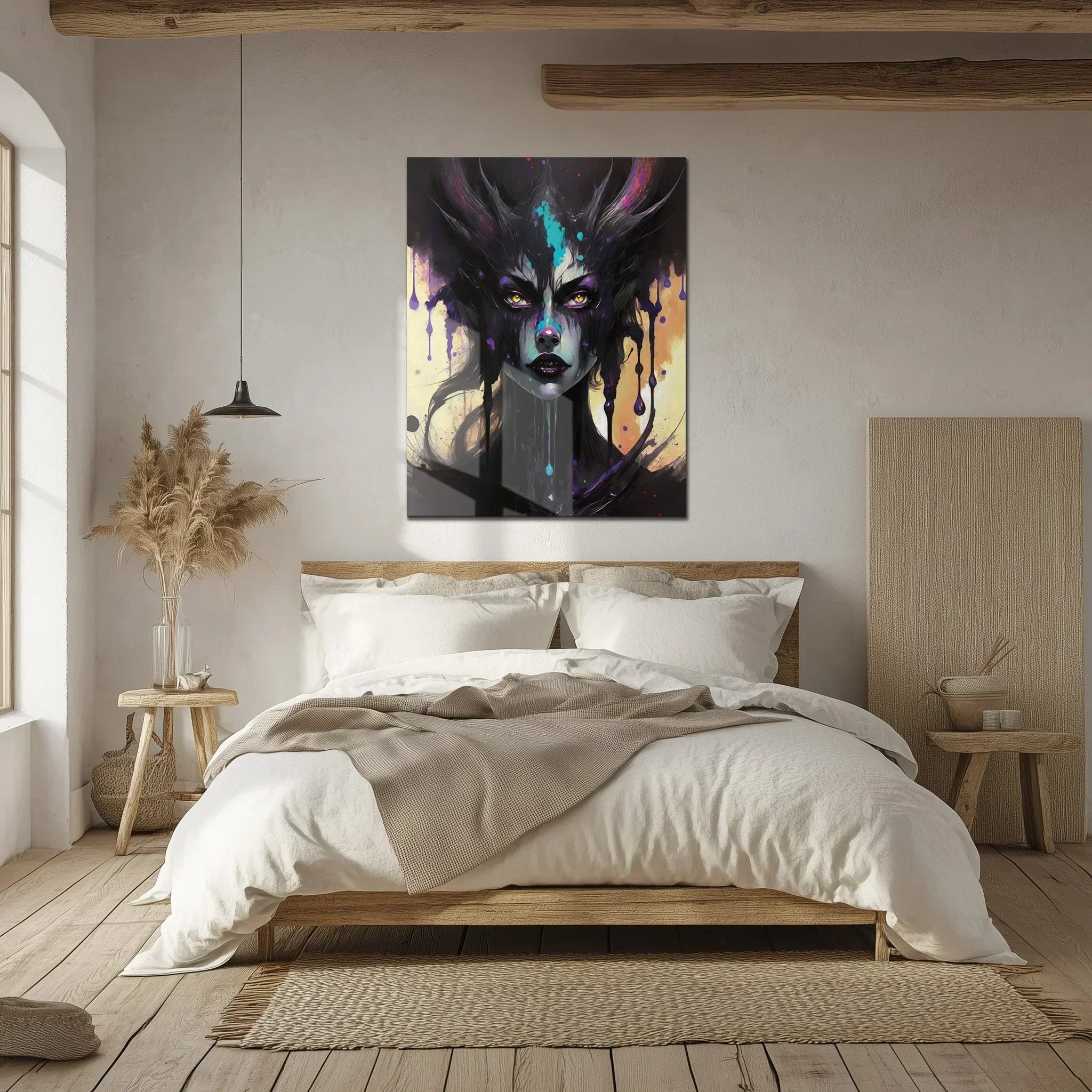 Dripping Shadow Queen Glass Wall Art – Gothic Fantasy Portrait with Abstract Paint-KAFCD013 Peony Atelier