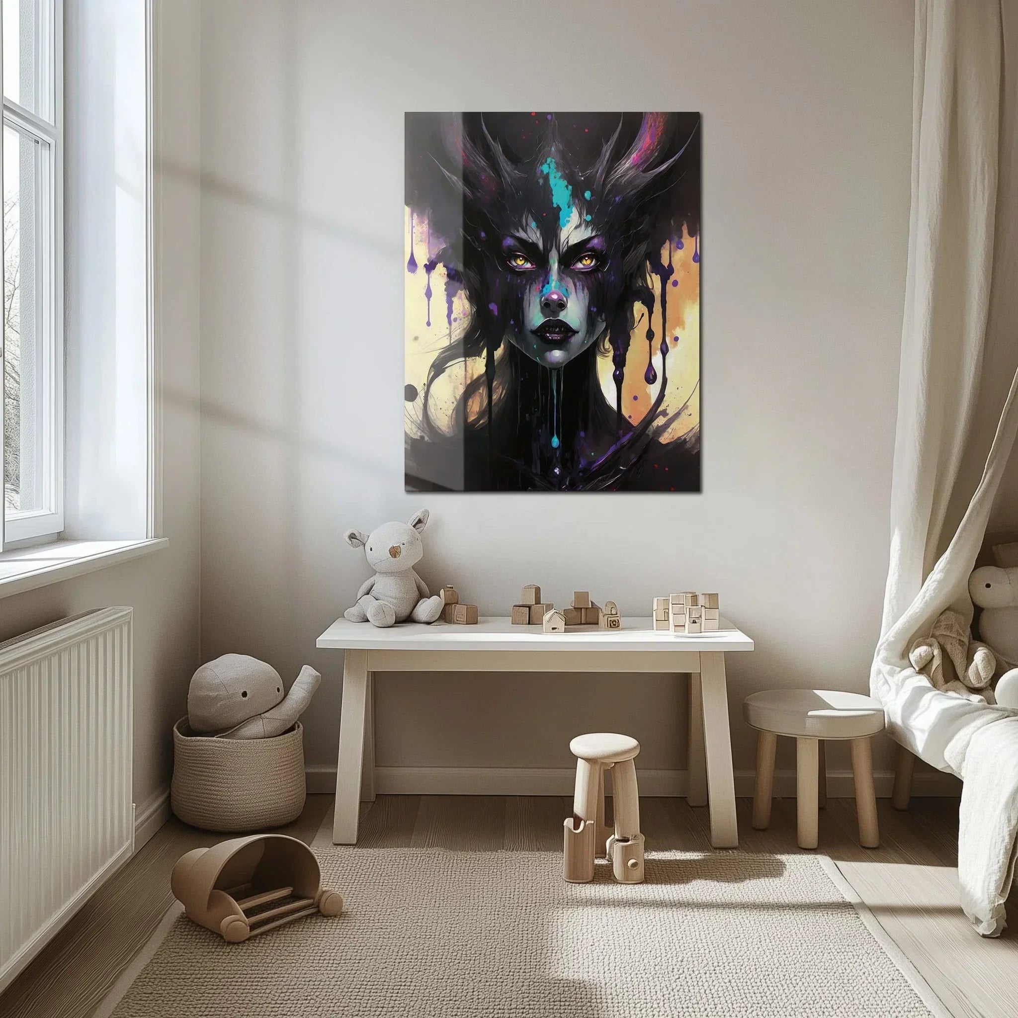 Dripping Shadow Queen Glass Wall Art – Gothic Fantasy Portrait with Abstract Paint-KAFCD013 Peony Atelier