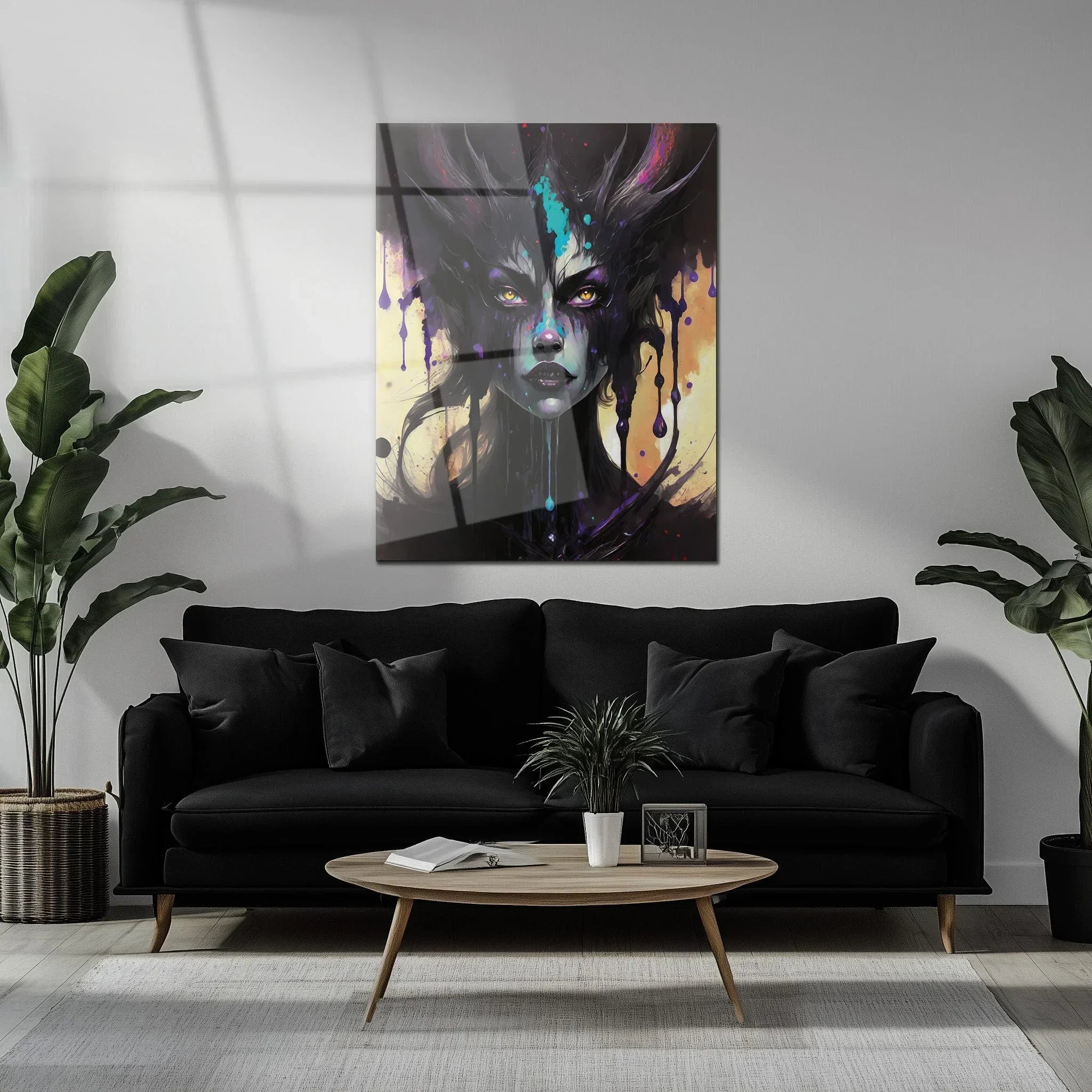 Dripping Shadow Queen Glass Wall Art – Gothic Fantasy Portrait with Abstract Paint-KAFCD013 Peony Atelier