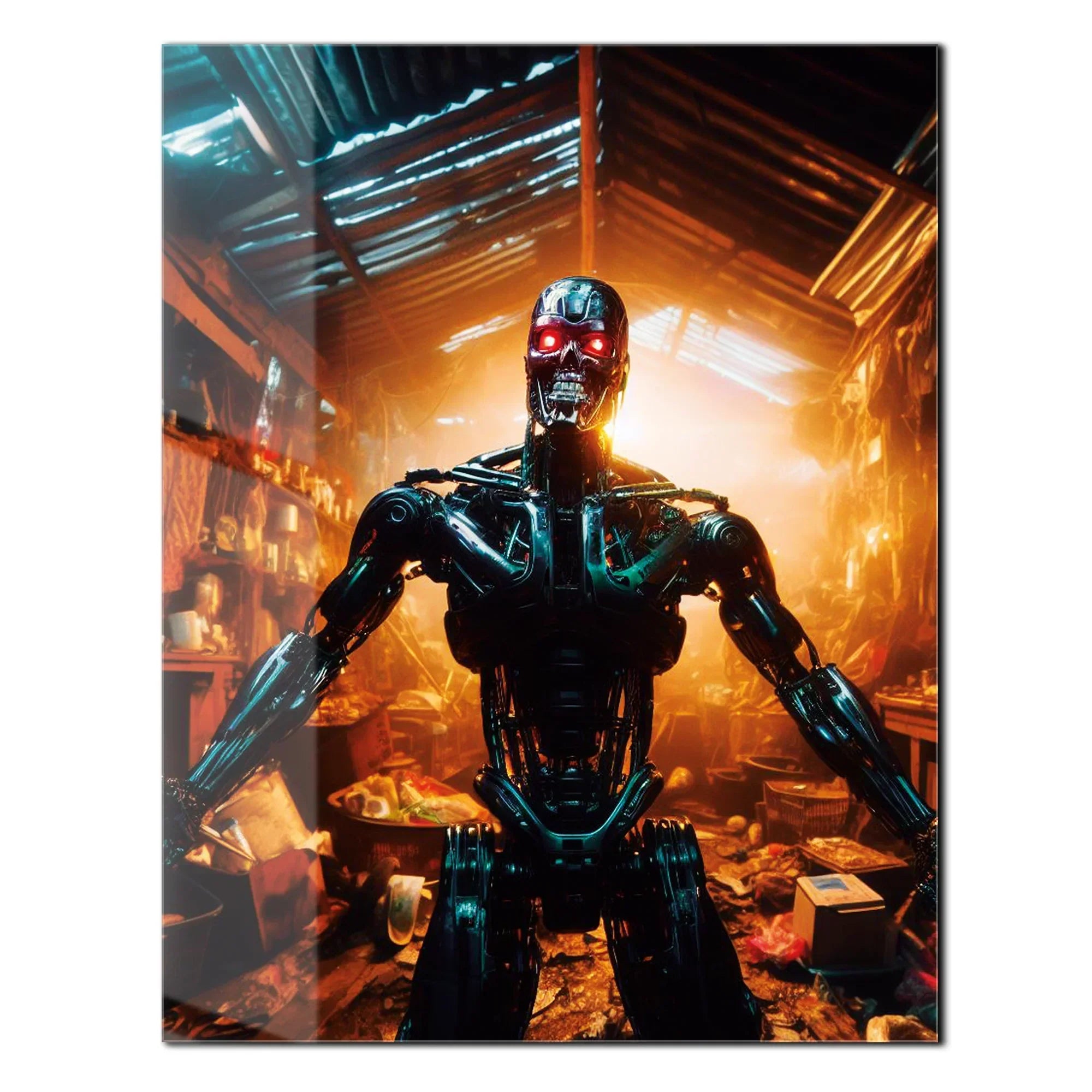 Dystopian Cyborg Encounter – UV Printed Sci-Fi Glass Wall Art for Futuristic Decor - KAFCD108 Peony Atelier