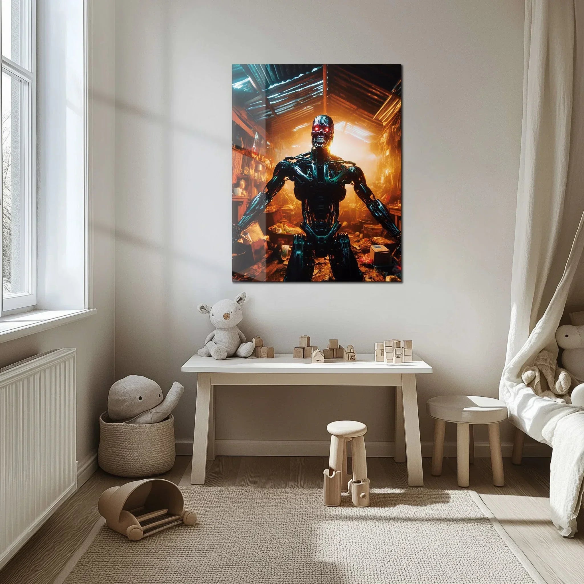 Dystopian Cyborg Encounter – UV Printed Sci-Fi Glass Wall Art for Futuristic Decor - KAFCD108 Peony Atelier