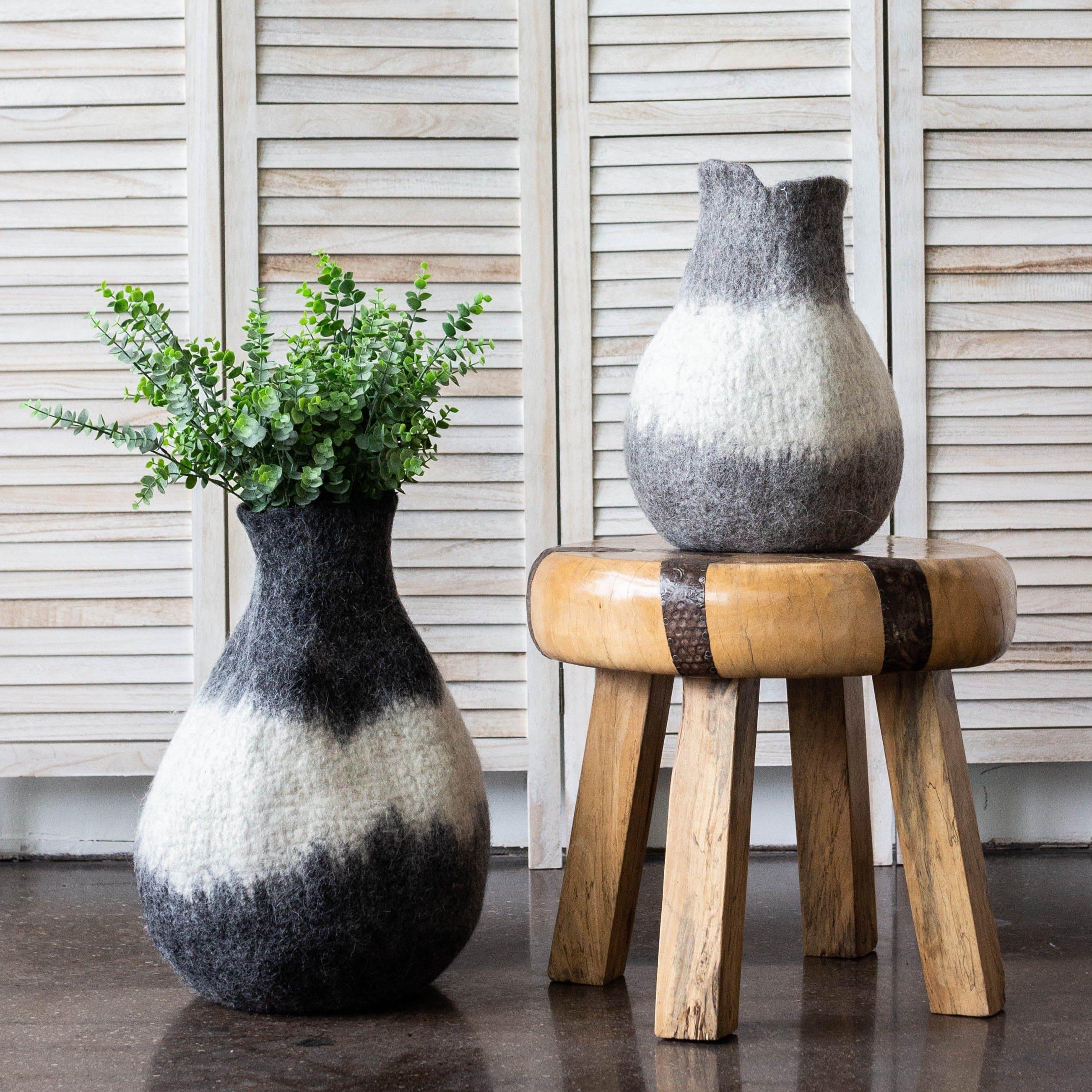Eclipse Charcoal and Ivory Wool Gourd Basket - House Of Avana