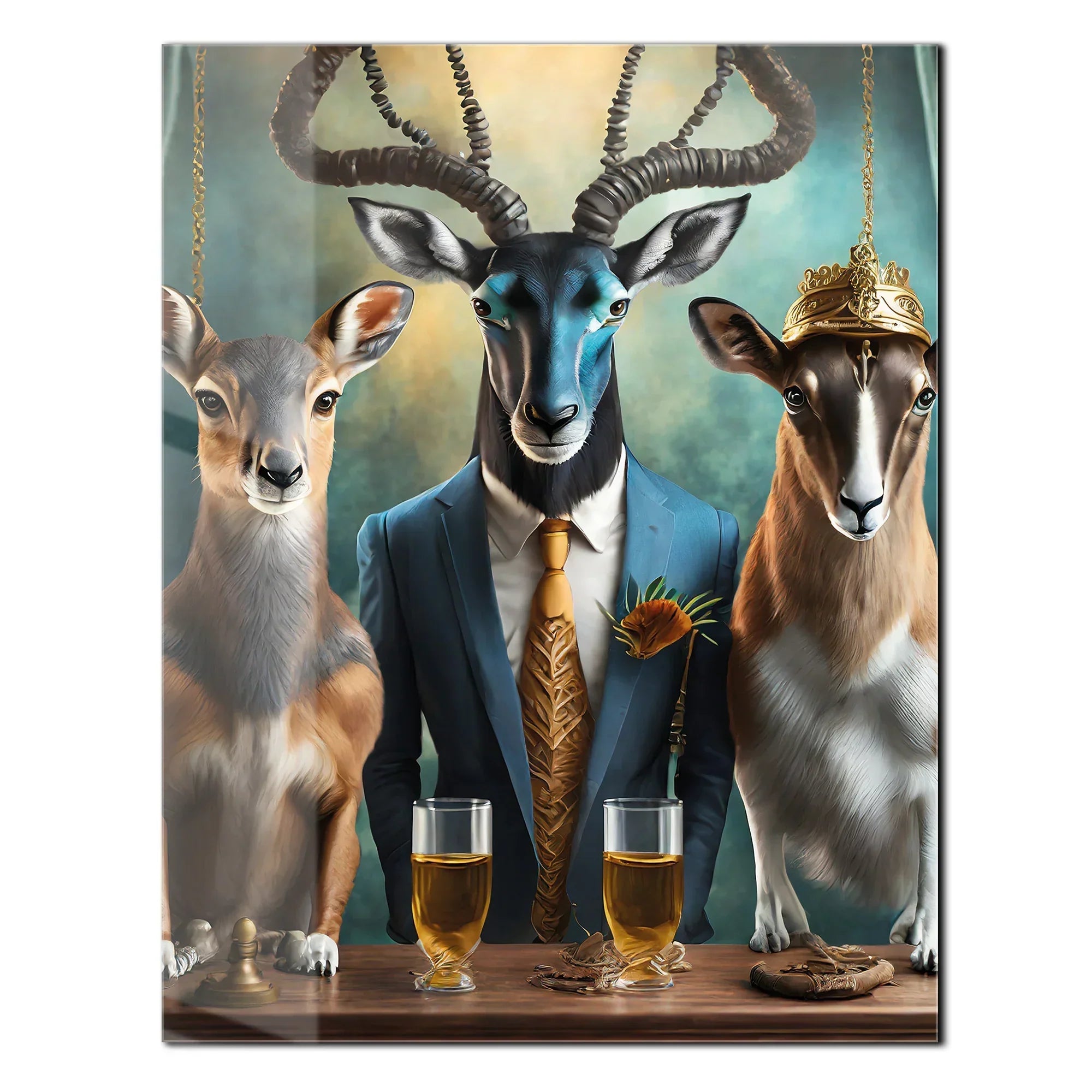 Elegant Antelope Gathering Glass Wall Art – Whimsical Animal Portrait UV Print-KAFCD036 Peony Atelier