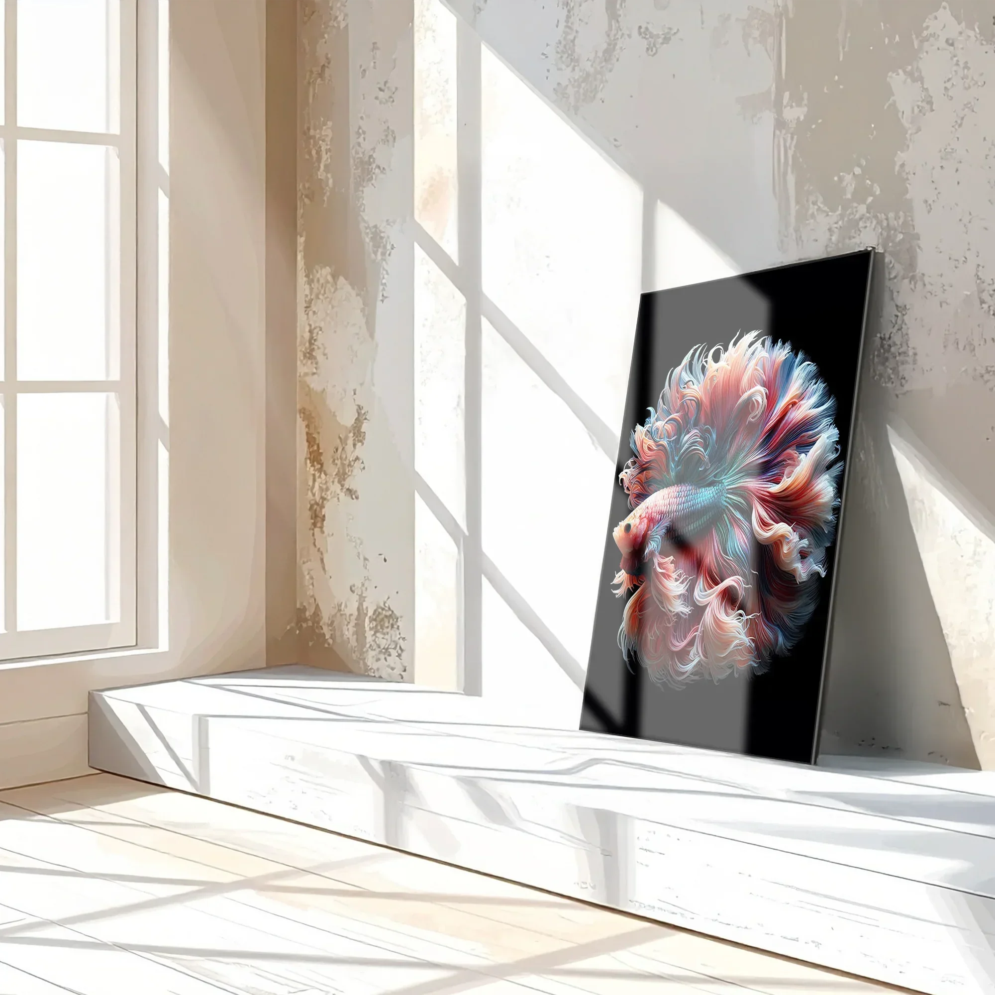 Elegant Betta Fish Flow – Colorful UV Glass Wall Art with Fluid Fin Design-KAFCD080 Peony Atelier