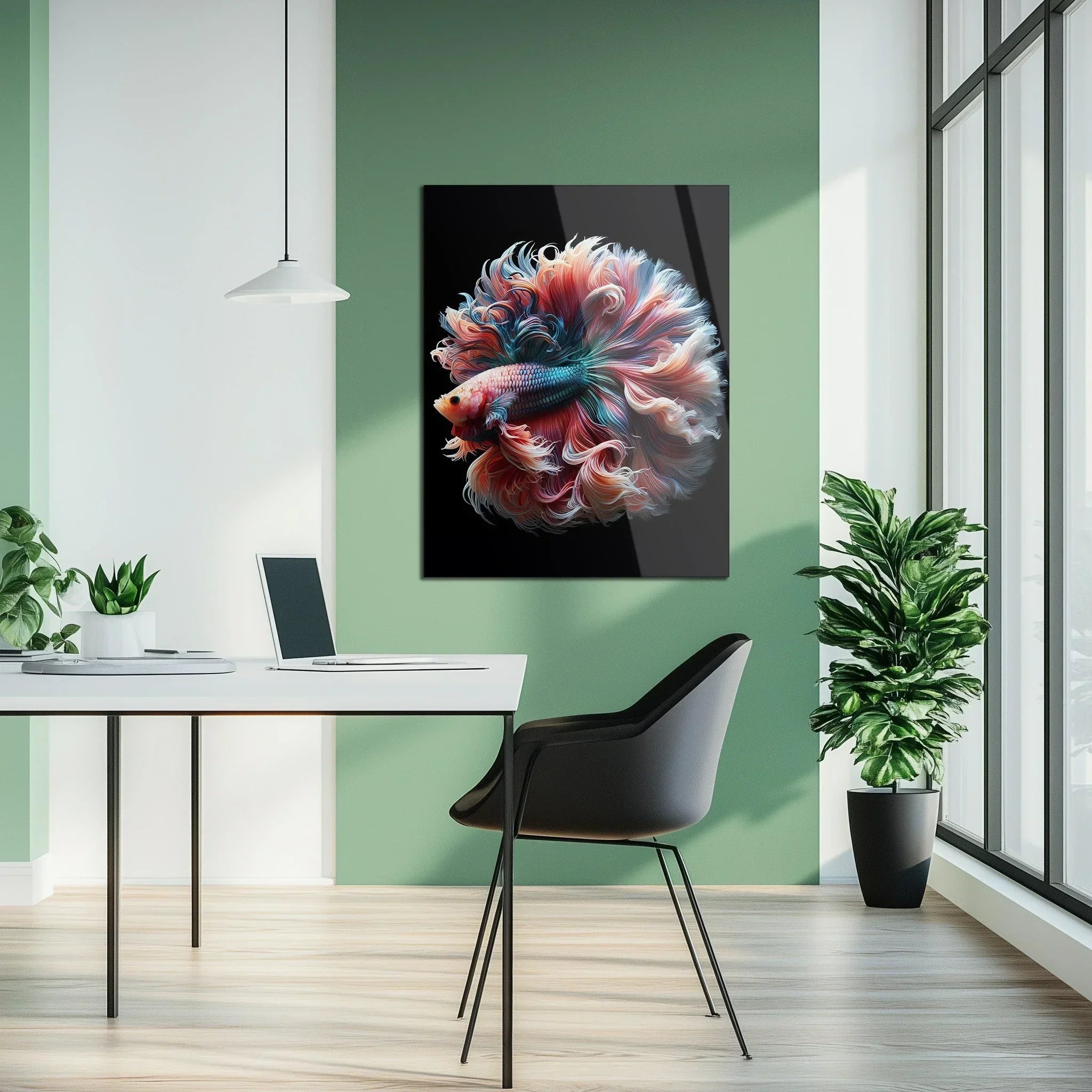 Elegant Betta Fish Flow – Colorful UV Glass Wall Art with Fluid Fin Design-KAFCD080 Peony Atelier