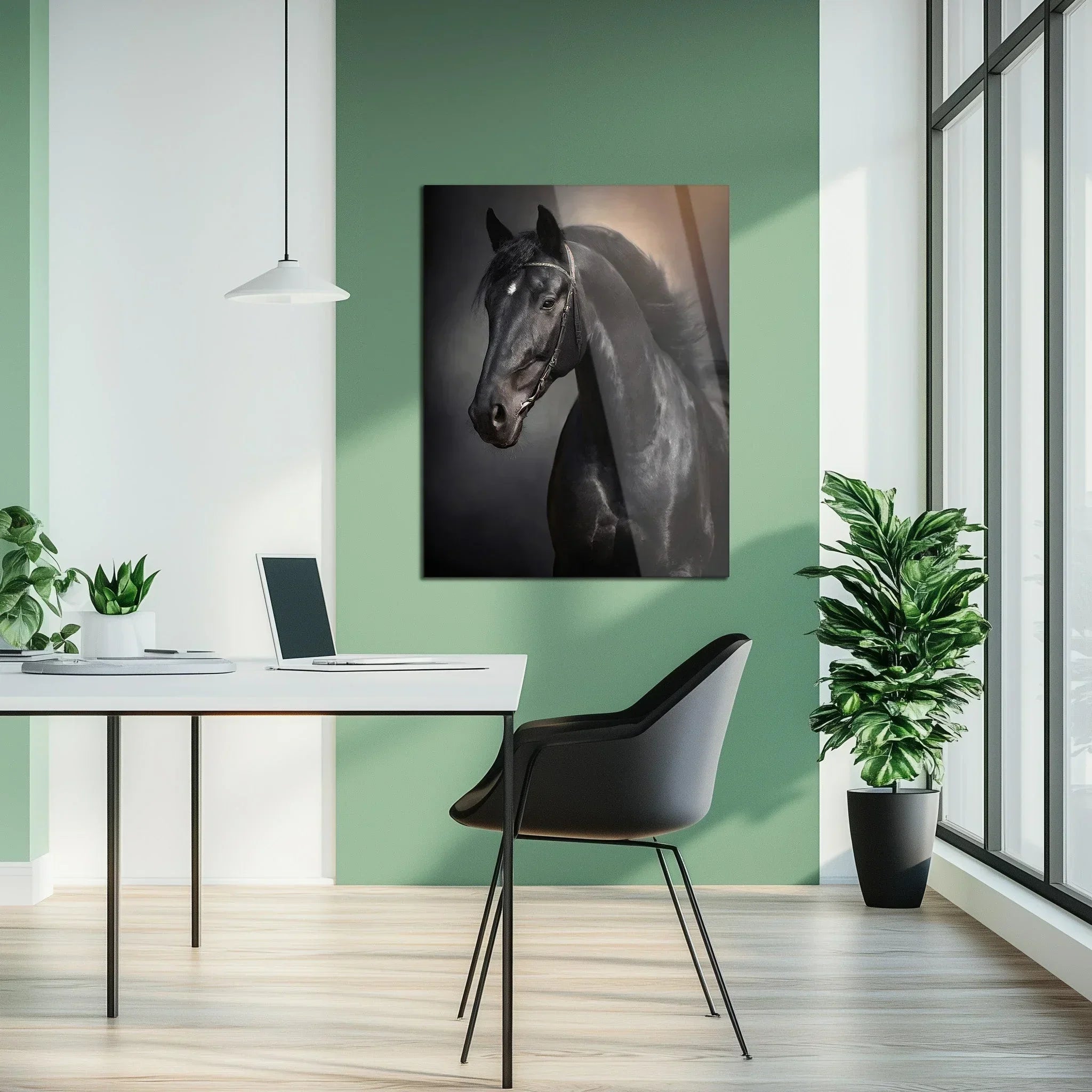 Elegant Black Horse Portrait UV Glass Wall Art – Majestic Equestrian Design-KAFCD065 Peony Atelier