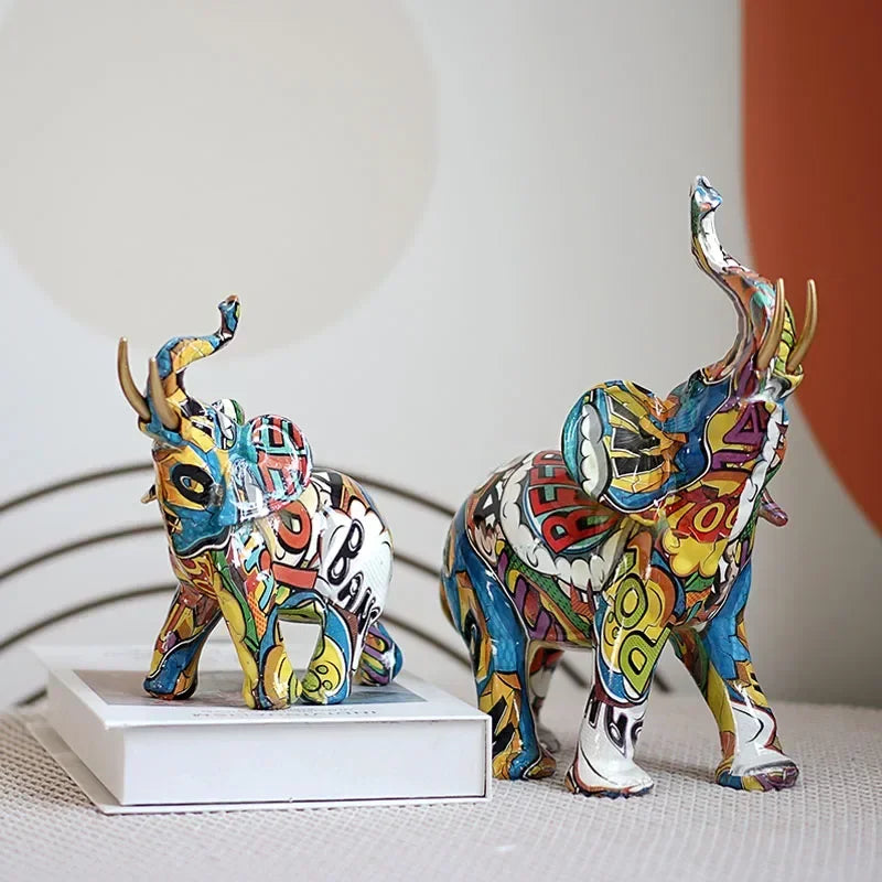 Vilead Graffiti Elephant Sculpture Resin Animal Statue Modern Pop Street Art Figurines Home Living Room Decoration Interior - House Of Avana