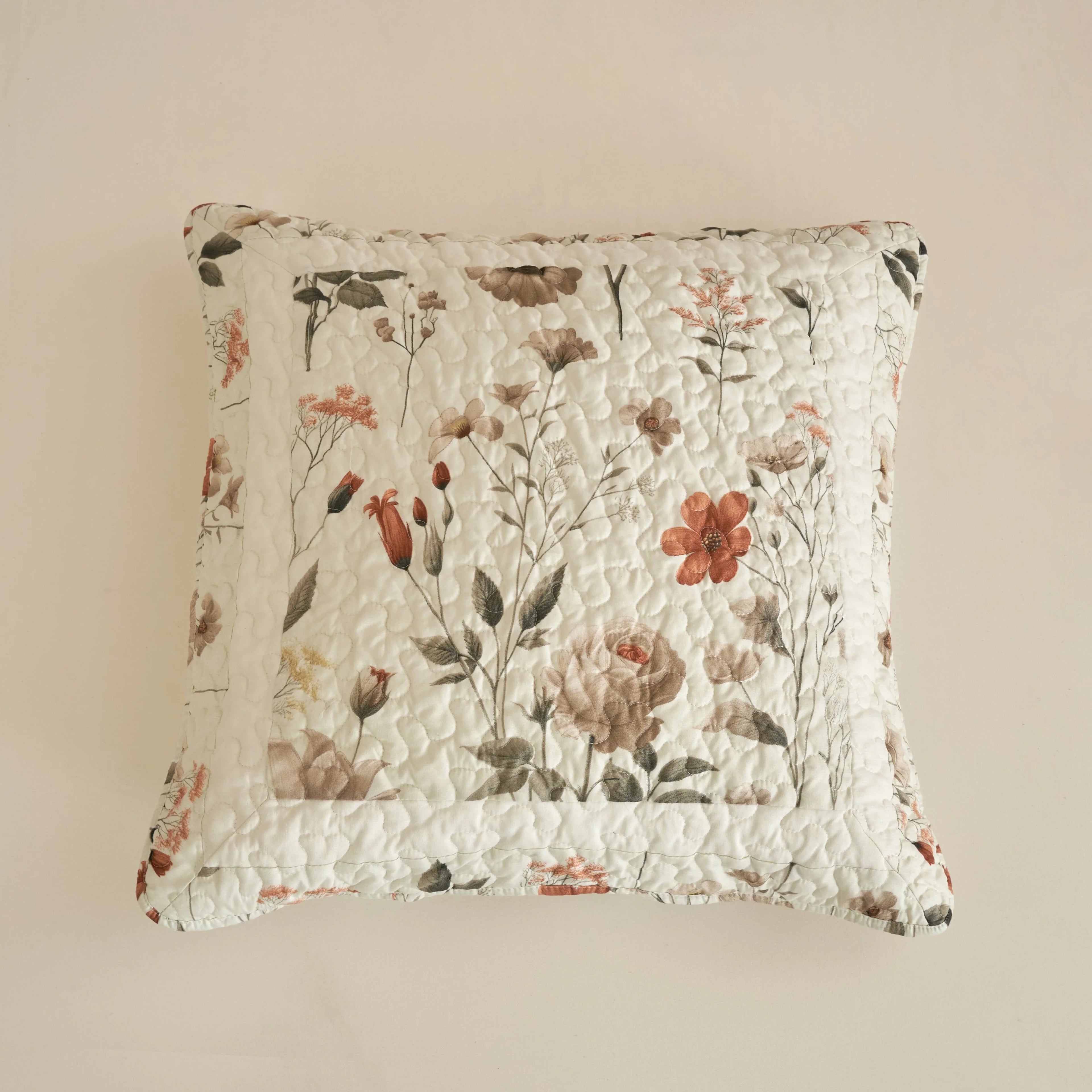 Enchanted Meadow Throw Pillow Euro Cover - Zippered Floral Design in Beige, Rose, and Soft Green, Premium Soft Microfiber, Euro Sham in 26x26 Inches (26" x 26" 1 Piece) DaDalogy Bedding Collection