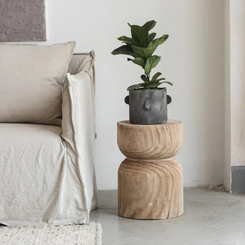 End table round wooden small with a rustic two-tier design natural wood grain finish for living room use