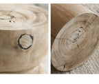 Natural light-colored round wooden small end table with visible grain and hand-drawn insect design on top for living room
