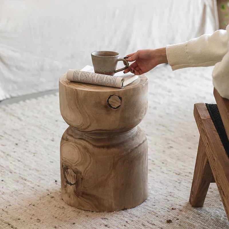 End table round wooden small with rustic two-tier design natural wood grain finish ideal for living room use