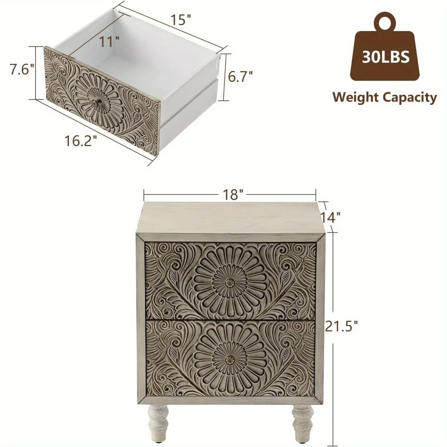 End Table with Drawers, Mdf Vintage Style Wood Side Table, Exclusive Carved Design Cabinet, High-quality... - House Of Avana