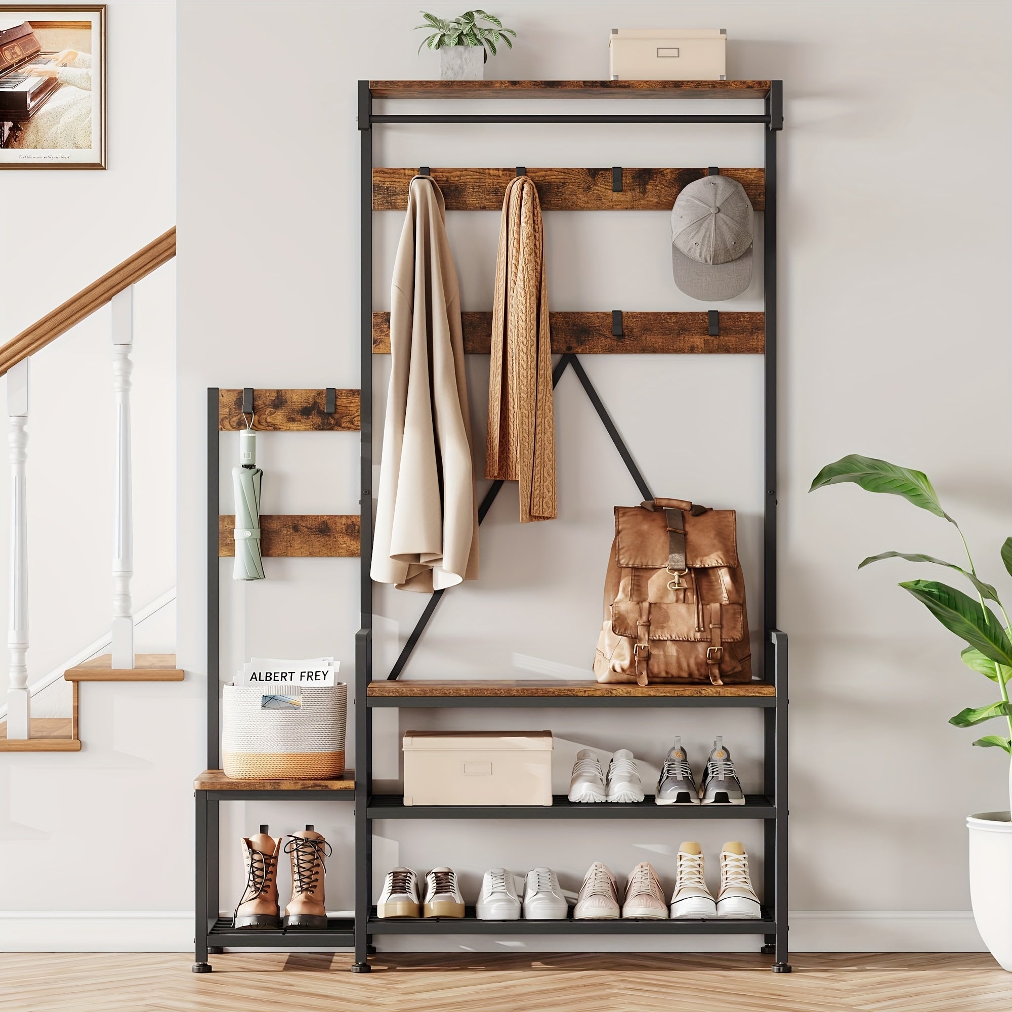 Industrial Hall Tree with Bench & Shoe Storage House Of Avana