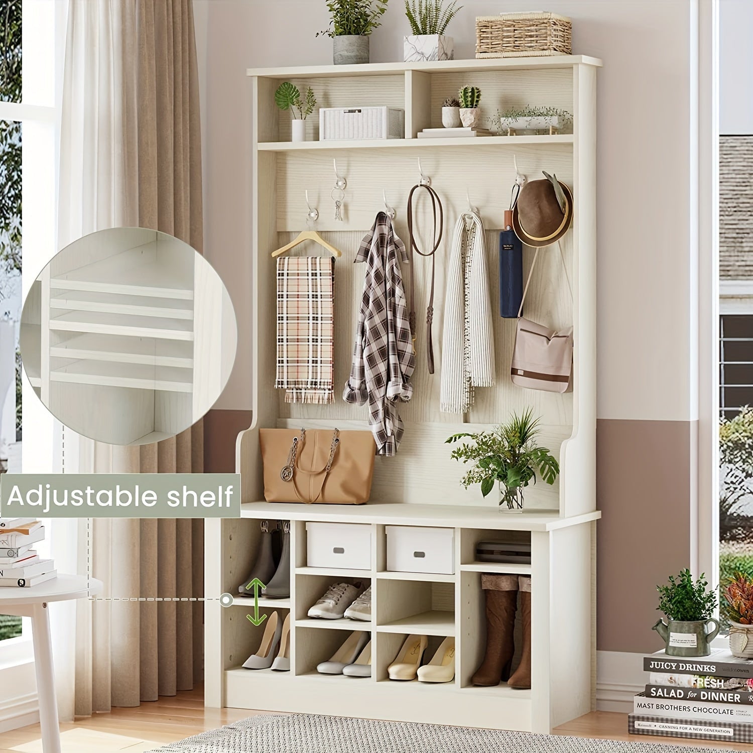 4-in-1 White Entryway Hall Tree with Bench & Storage - House of Avana