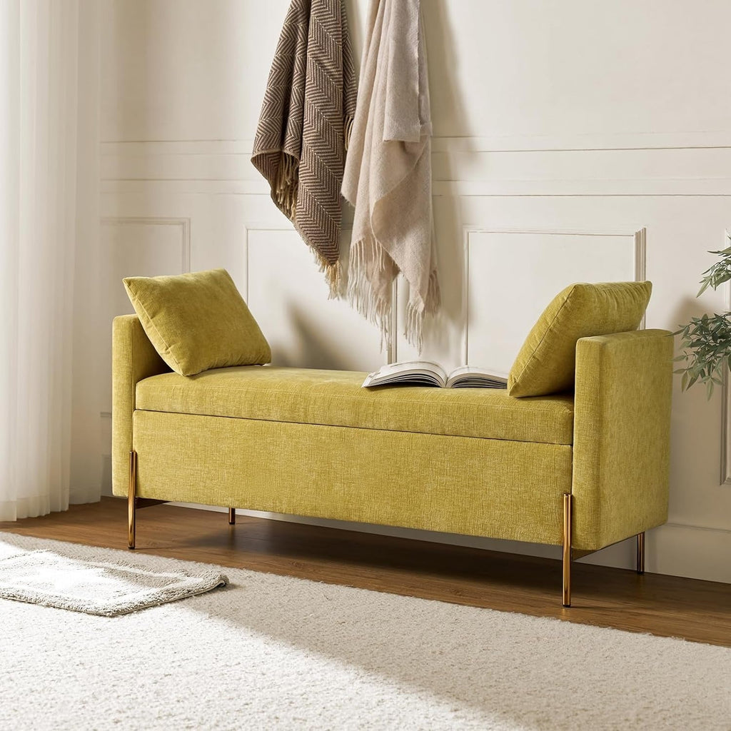 [Modern Storage Ottoman] Comfy Modern Storage Ottoman Bench with Throw Pillows - Metal Leg Bedroom Bench for End of Bed, Entryway - Mustard House Of Avana