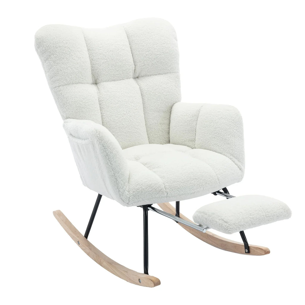 Ergonomic Teddy Fabric Rocking Chair with Footstool - Hardwood Frame Glider Chair with Plush Cushioning,... - House Of Avana