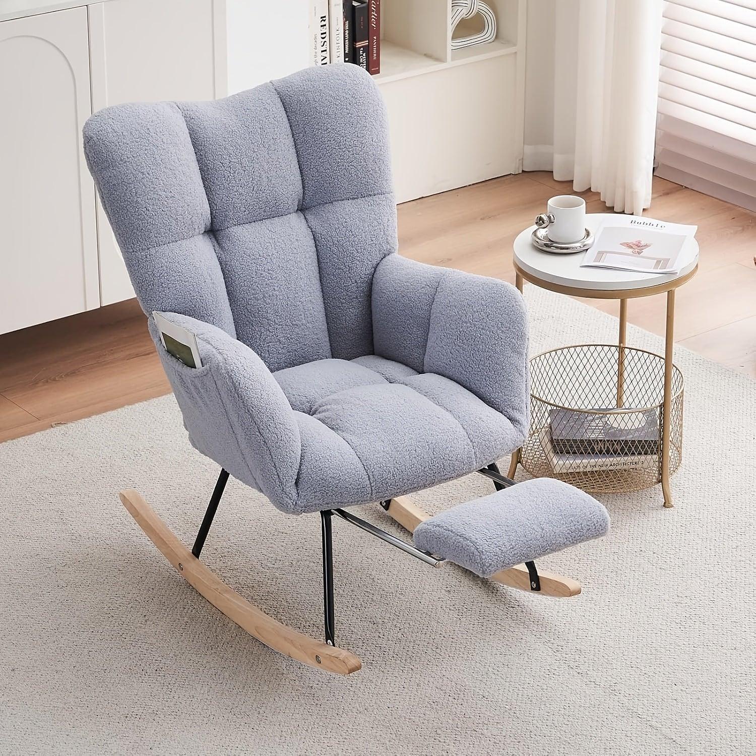 Ergonomic Teddy Fabric Rocking Chair with Footstool - Hardwood Frame Glider Chair with Plush Cushioning,... - House Of Avana