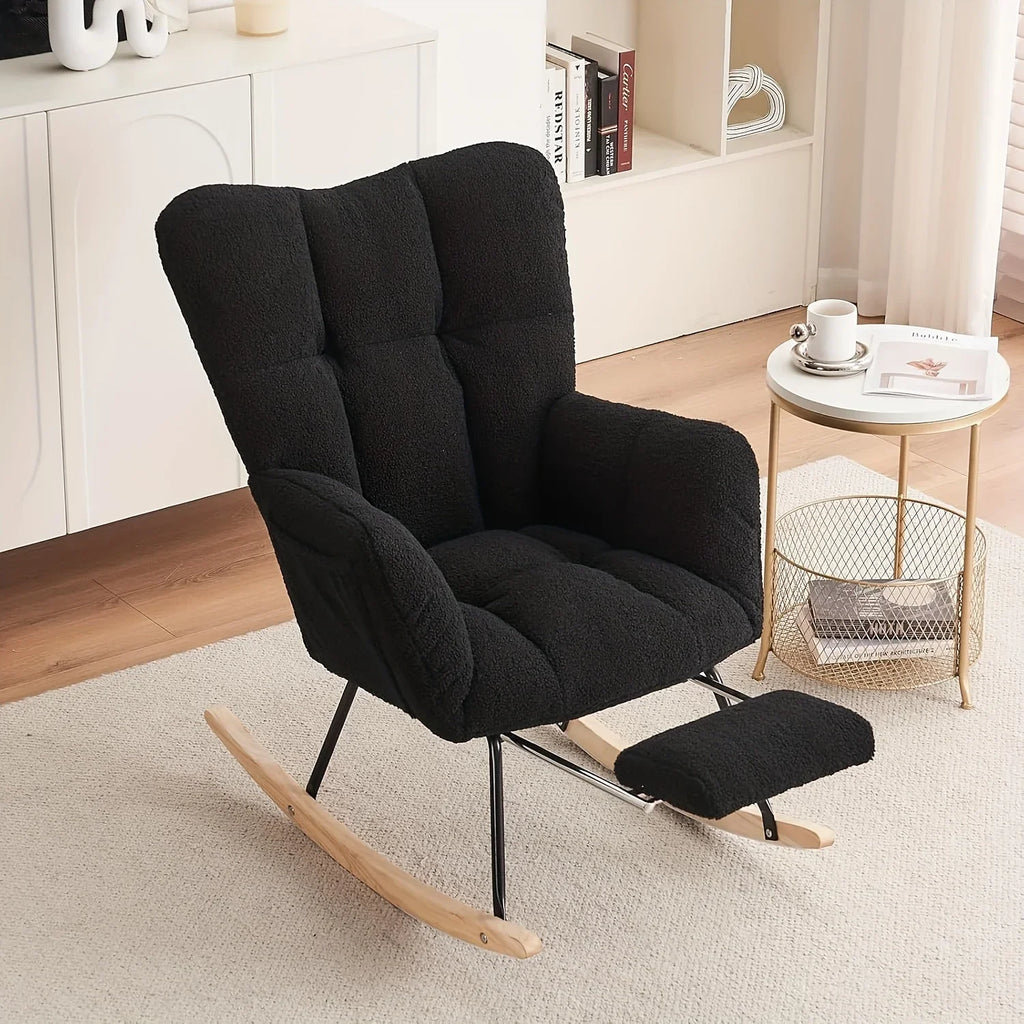 Ergonomic Teddy Fabric Rocking Chair with Footstool - Hardwood Frame Glider Chair with Plush Cushioning,... - House Of Avana