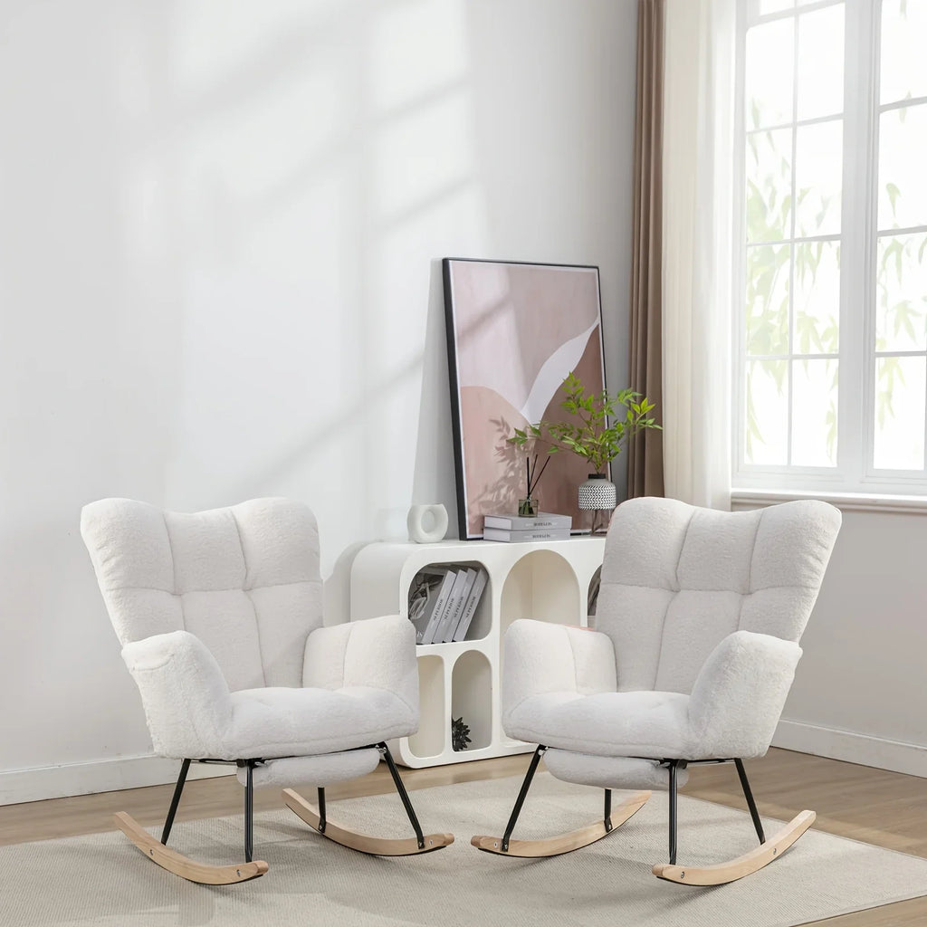 Ergonomic Teddy Fabric Rocking Chair with Footstool - Hardwood Frame Glider Chair with Plush Cushioning,... - House Of Avana