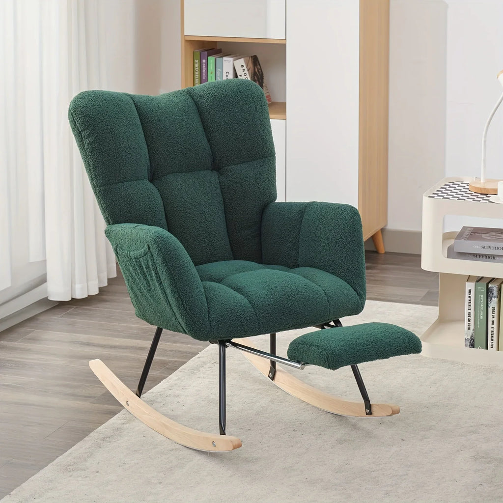 Ergonomic Teddy Fabric Rocking Chair with Footstool - Hardwood Frame Glider Chair with Plush Cushioning,... - House Of Avana