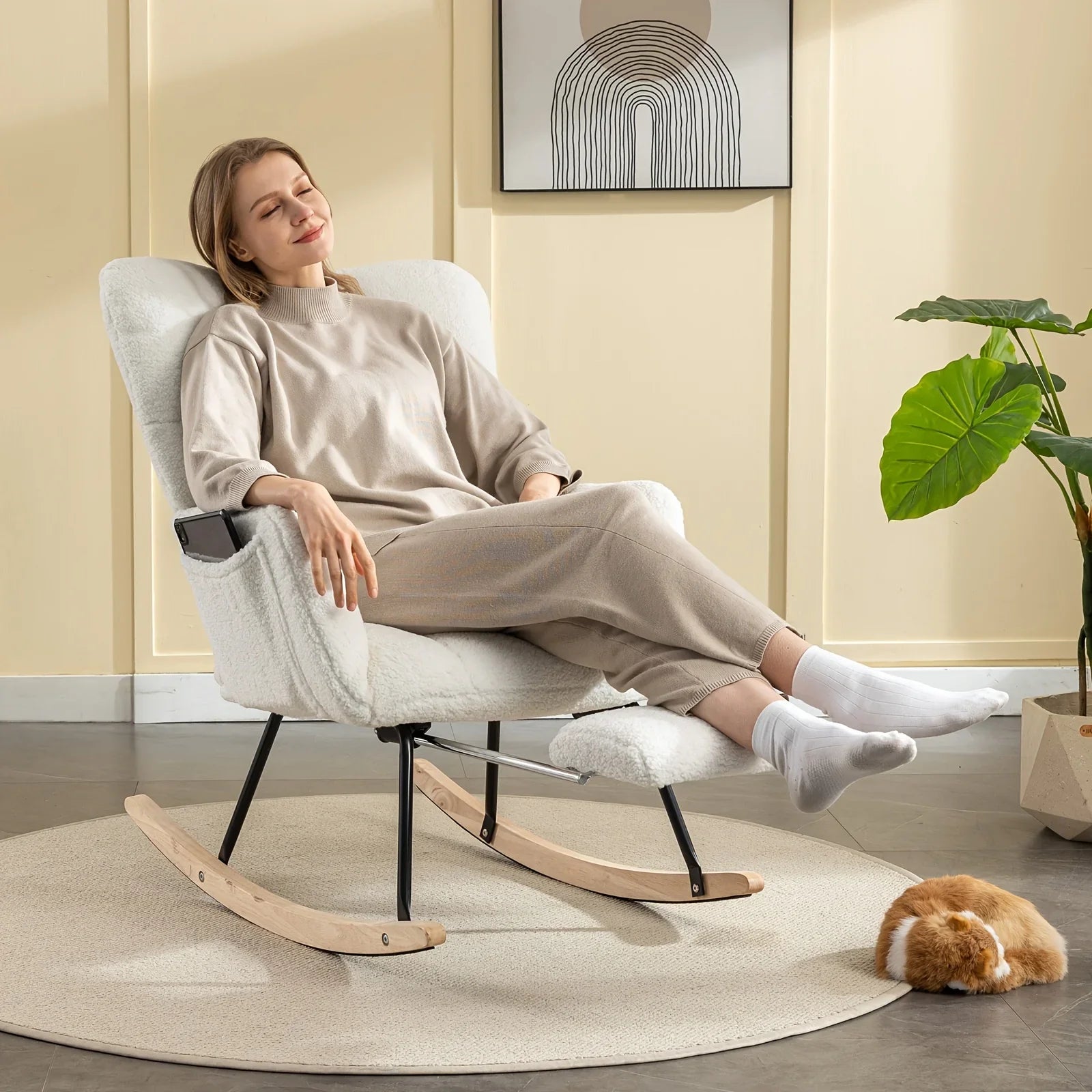 Ergonomic Teddy Fabric Rocking Chair with Footstool - Hardwood Frame Glider Chair with Plush Cushioning,... - House Of Avana