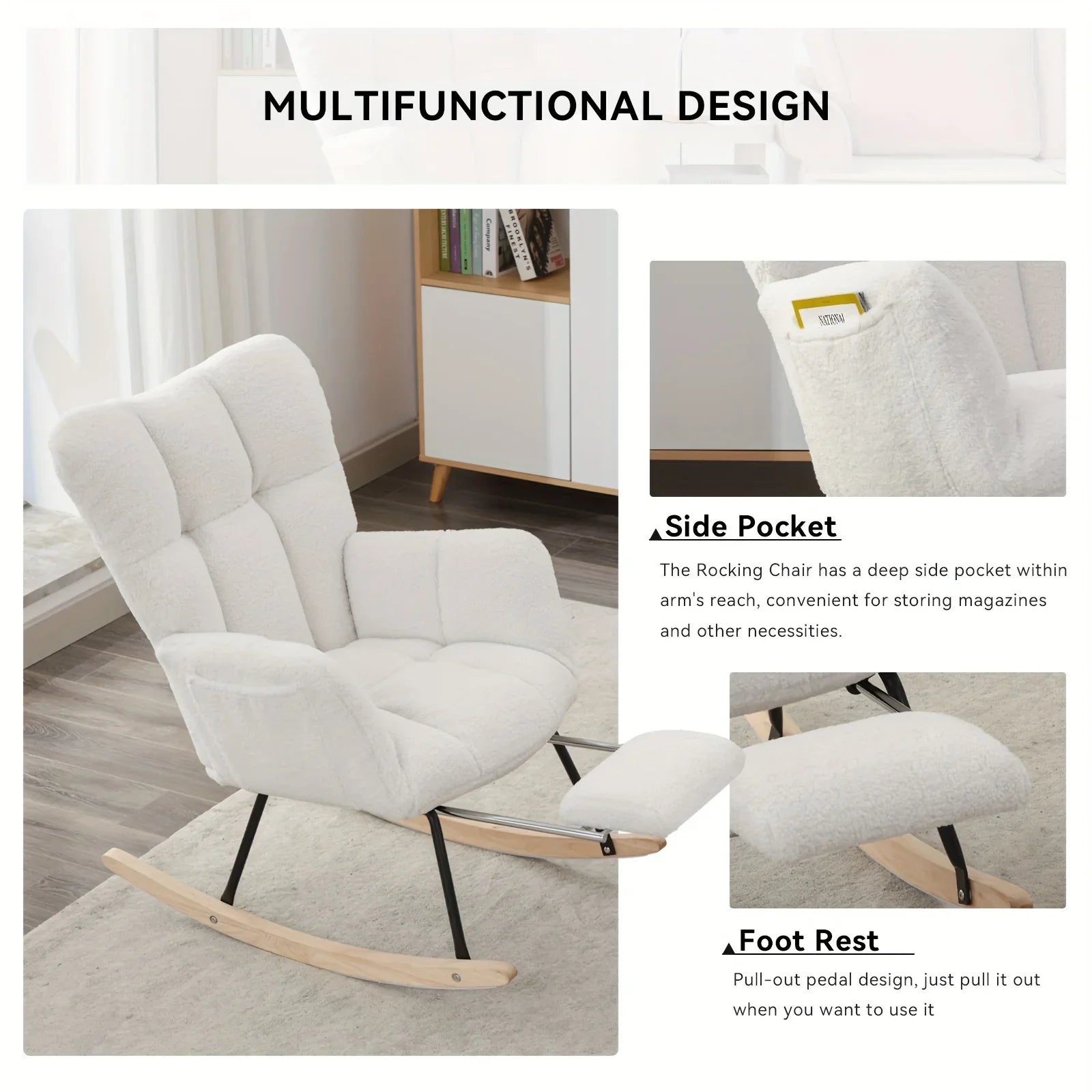 Ergonomic Teddy Fabric Rocking Chair with Footstool - Hardwood Frame Glider Chair with Plush Cushioning,... - House Of Avana