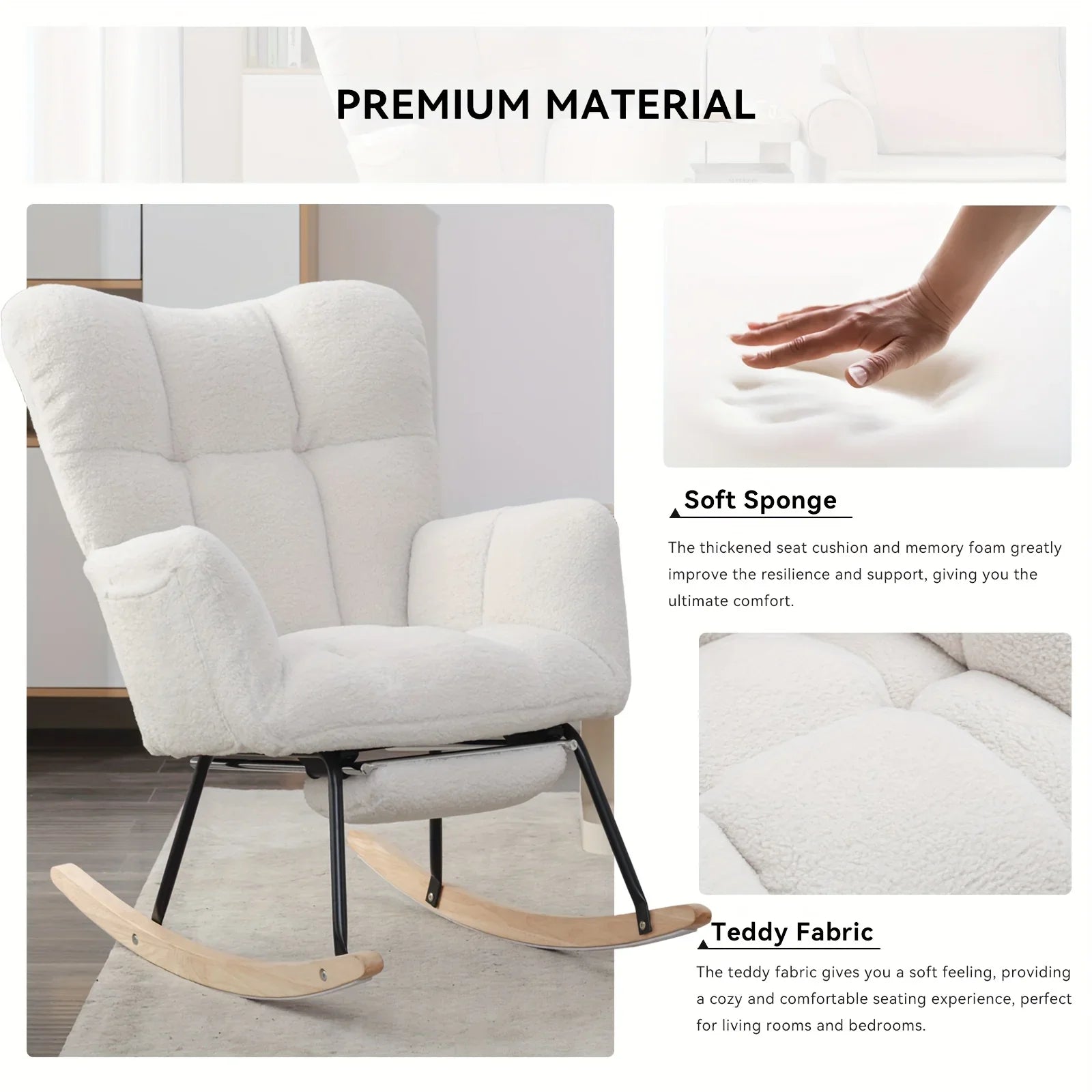 Ergonomic Teddy Fabric Rocking Chair with Footstool - Hardwood Frame Glider Chair with Plush Cushioning,... - House Of Avana