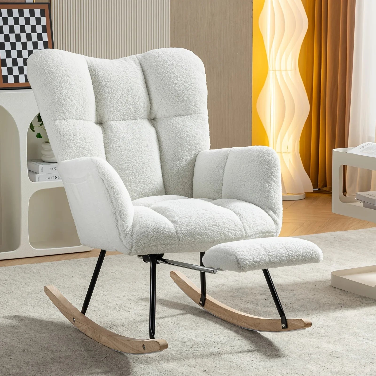 Ergonomic Teddy Fabric Rocking Chair with Footstool - Hardwood Frame Glider Chair with Plush Cushioning,... - House Of Avana