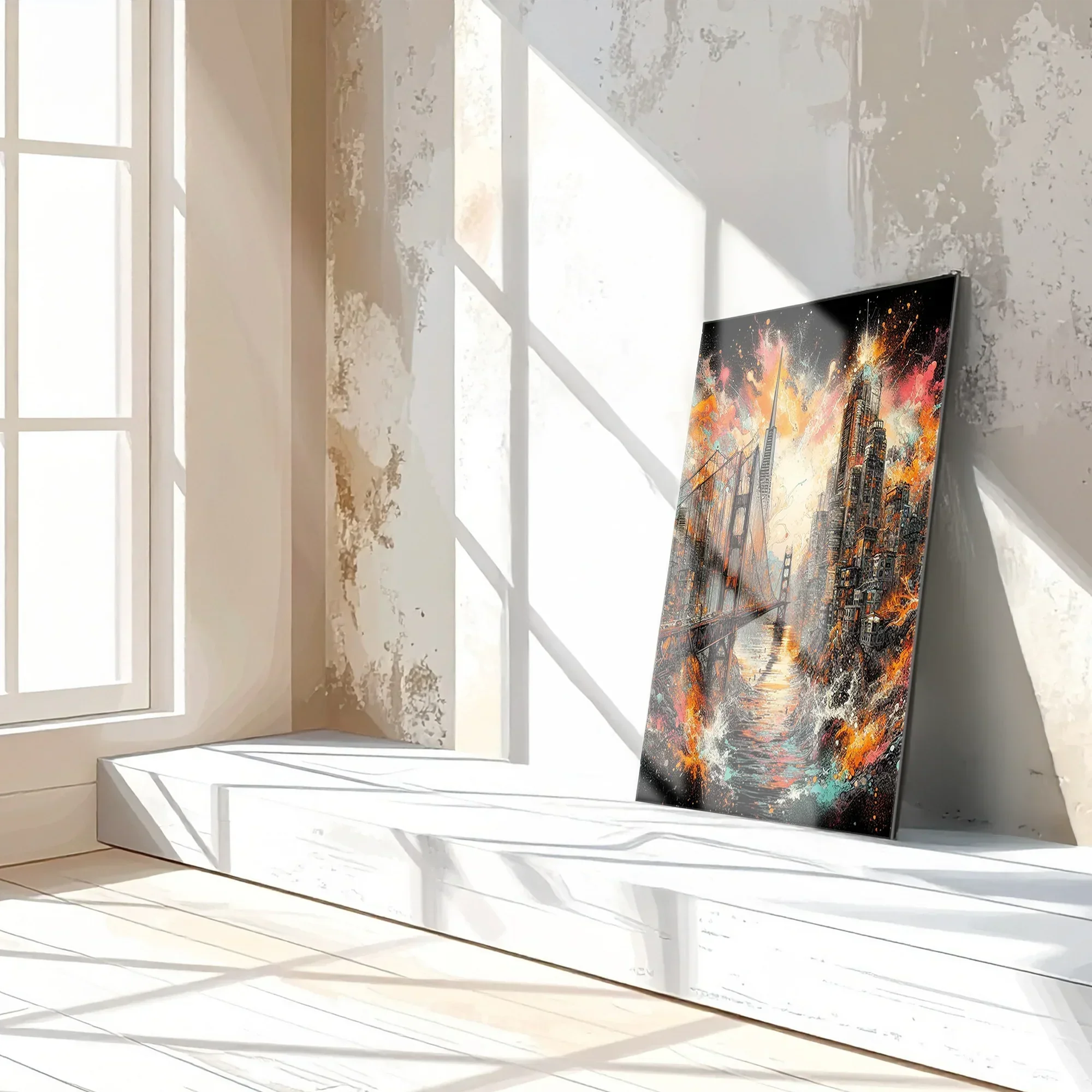 Explosive Golden Gate Cityscape Glass Wall Art – UV Printed Urban Abstract Panel-KAFCD061 Peony Atelier