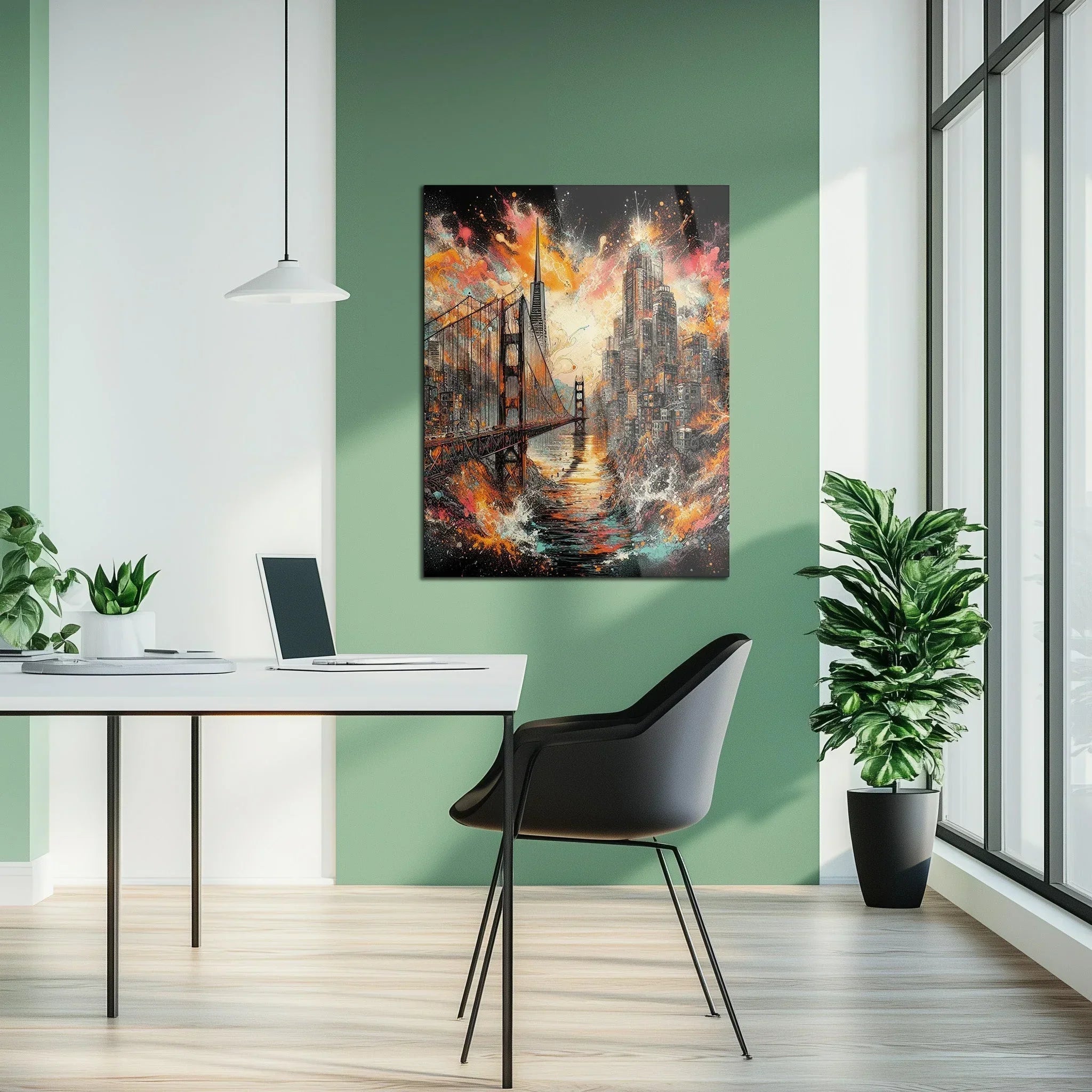 Explosive Golden Gate Cityscape Glass Wall Art – UV Printed Urban Abstract Panel-KAFCD061 Peony Atelier