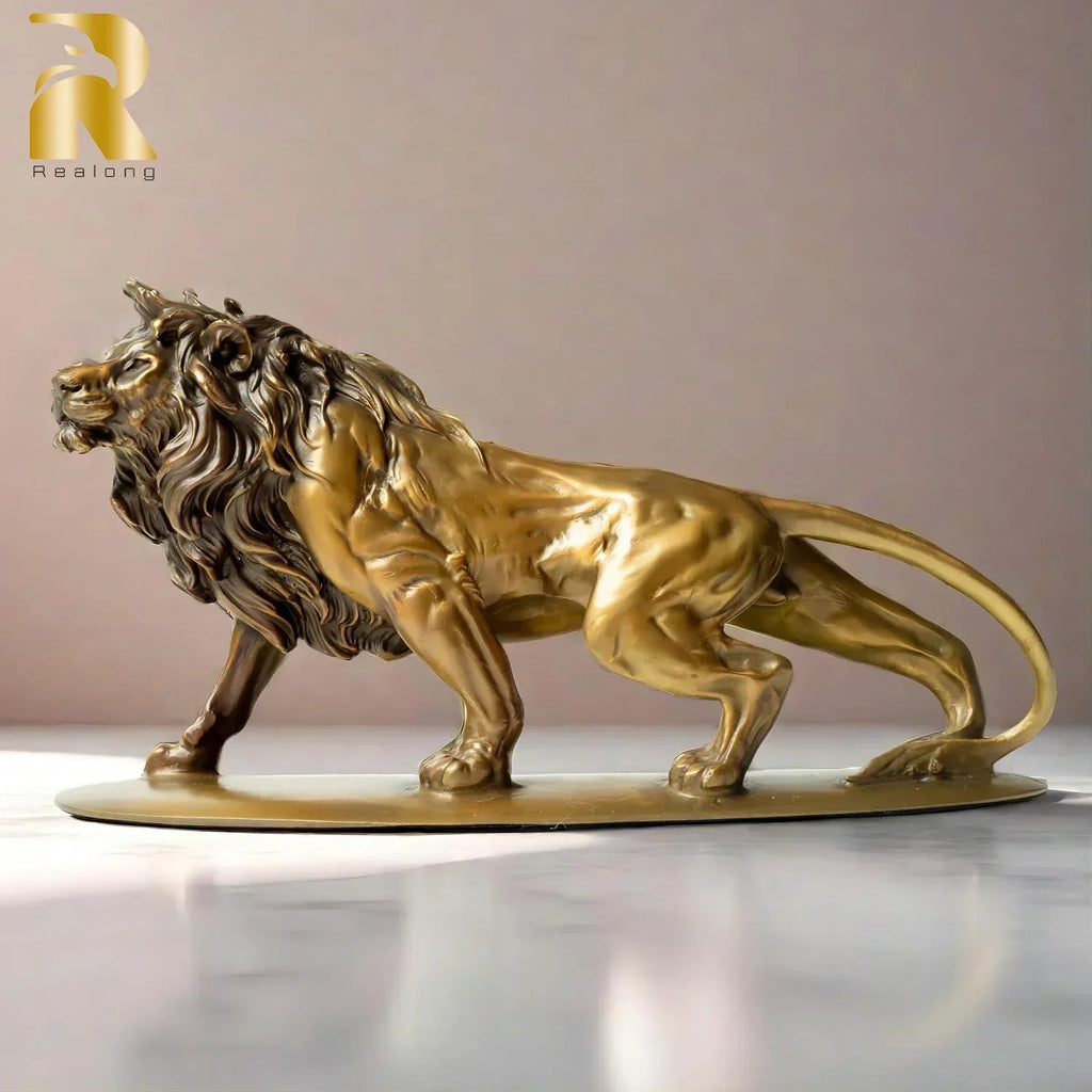 Exquisite bronze lion statue with detailed mane and muscular physique on an oval base for luxury home decor