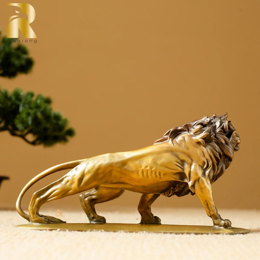 Exquisite bronze lion statue with detailed mane and muscular physique for luxury home and office tabletop decor
