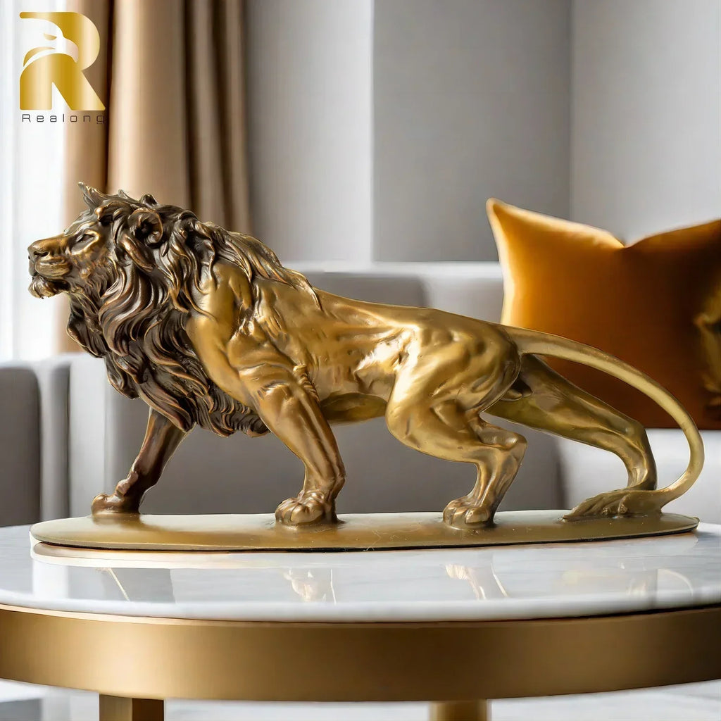 Exquisite bronze lion statue with detailed mane and polished metallic finish for luxury home and office decor