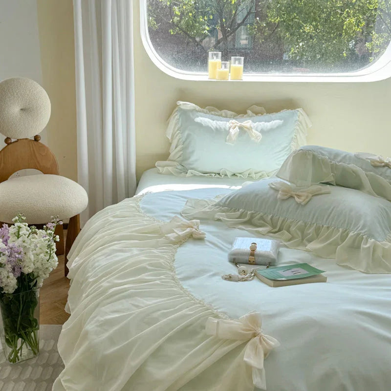 Ribbon Bow Airy Lace Bedding Set / Cream White Ever Lasting
