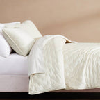 King/CAL King Size 3-Piece Cream Velvet Embroidered Super Soft Quilt Set