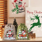 Fabric Christmas Gift Bags with Drawstring Closure - Green/brown Cloth Santa Patterns - House Of Avana [[SKU:HOA-STO-047]]