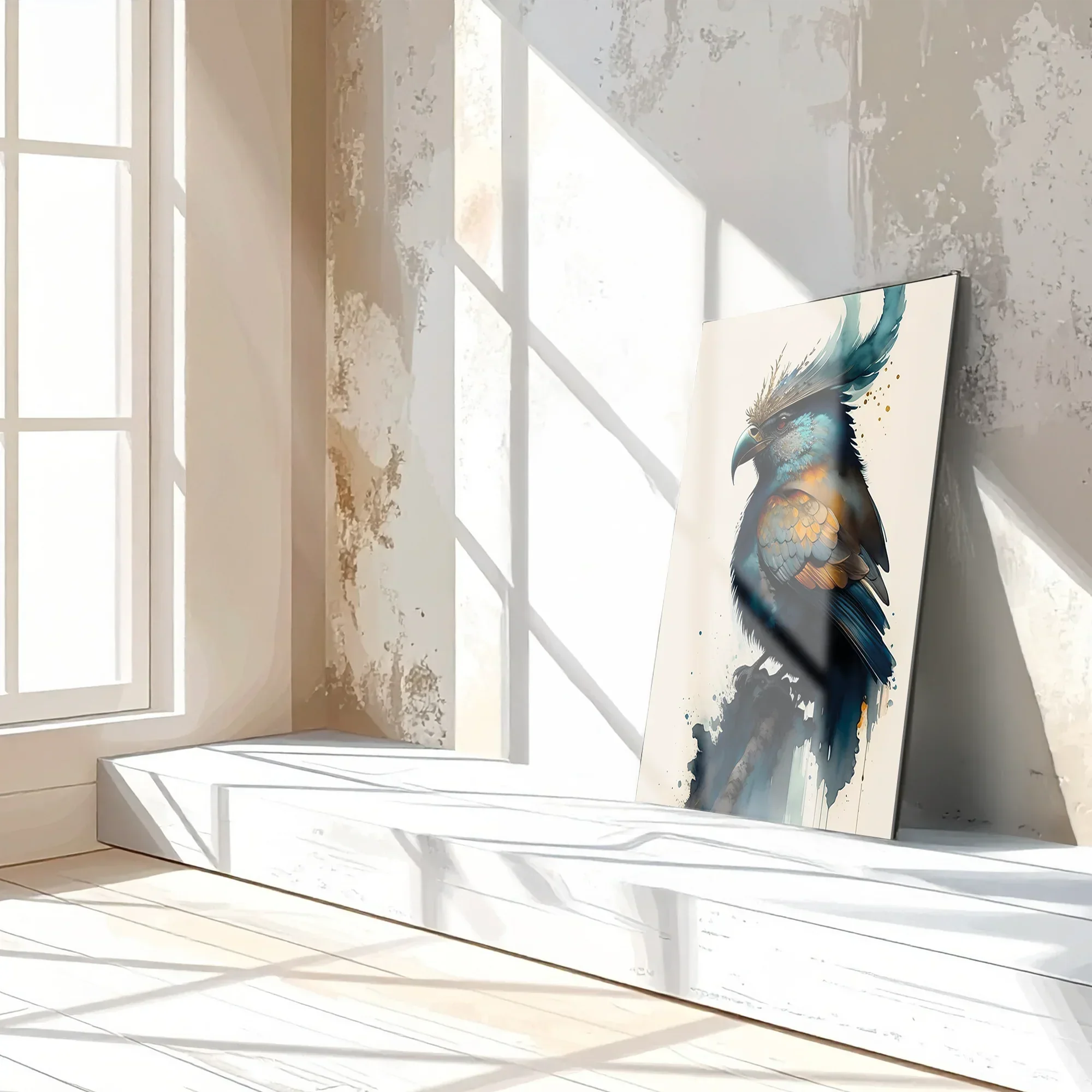 Fantasy Crowned Bird Glass Wall Art – Colorful Watercolor UV Print Design-KAFCD051 Peony Atelier