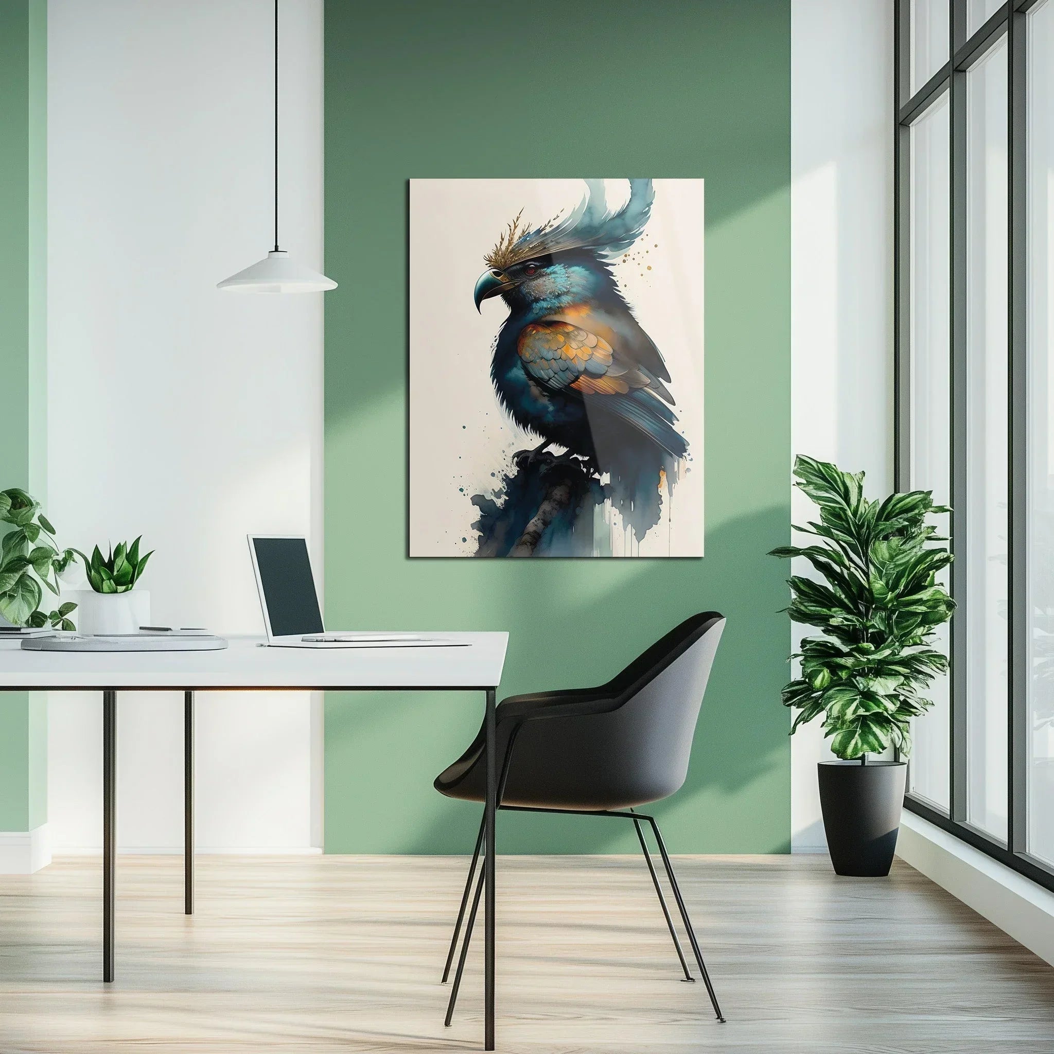 Fantasy Crowned Bird Glass Wall Art – Colorful Watercolor UV Print Design-KAFCD051 Peony Atelier