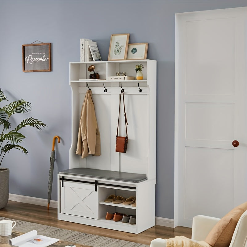 71'' Farmhouse Hall Tree, Entryway Storage Bench with Sliding Barn Door and Coat Rack, Wood Coat Tree Christmas, Halloween Gift House Of Avana